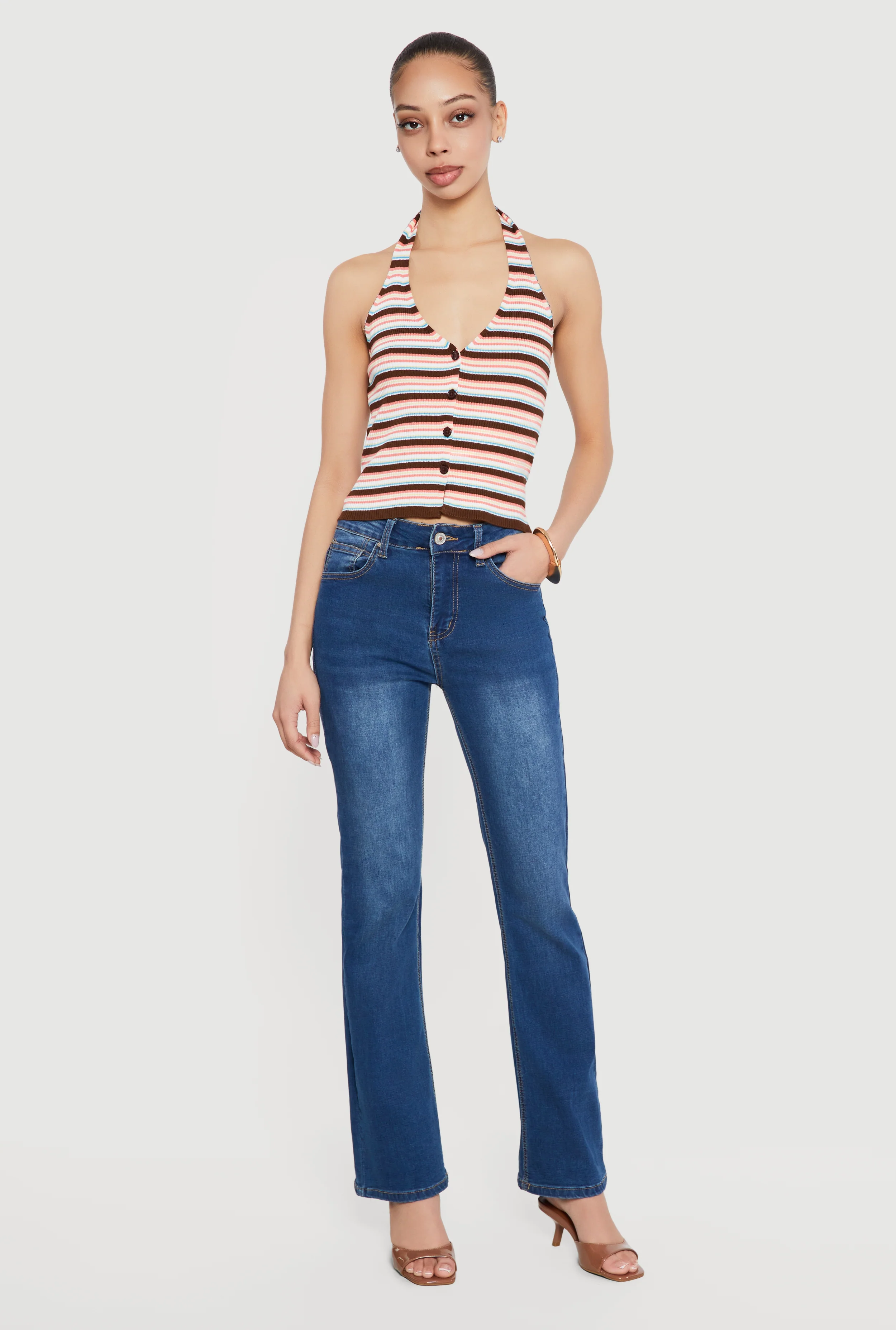Striped Rib Knit Button Front Halter Top