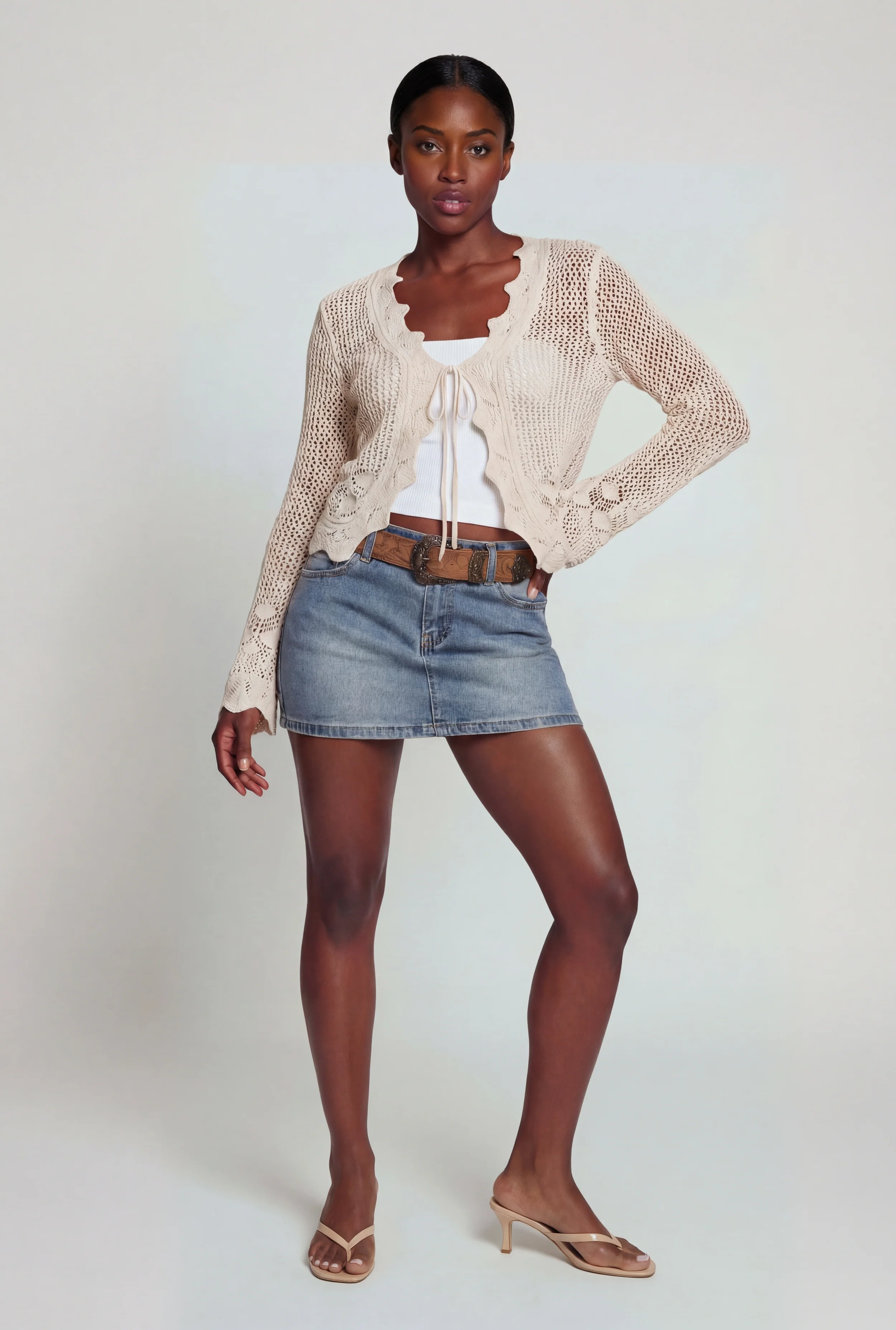 Crochet Tie Front Long Sleeve Cardigan