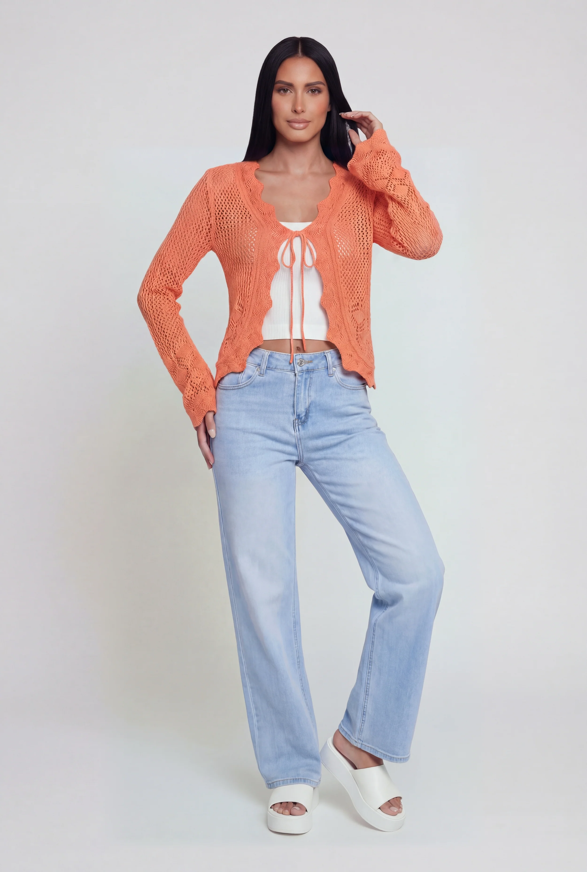 Crochet Tie Front Long Sleeve Cardigan