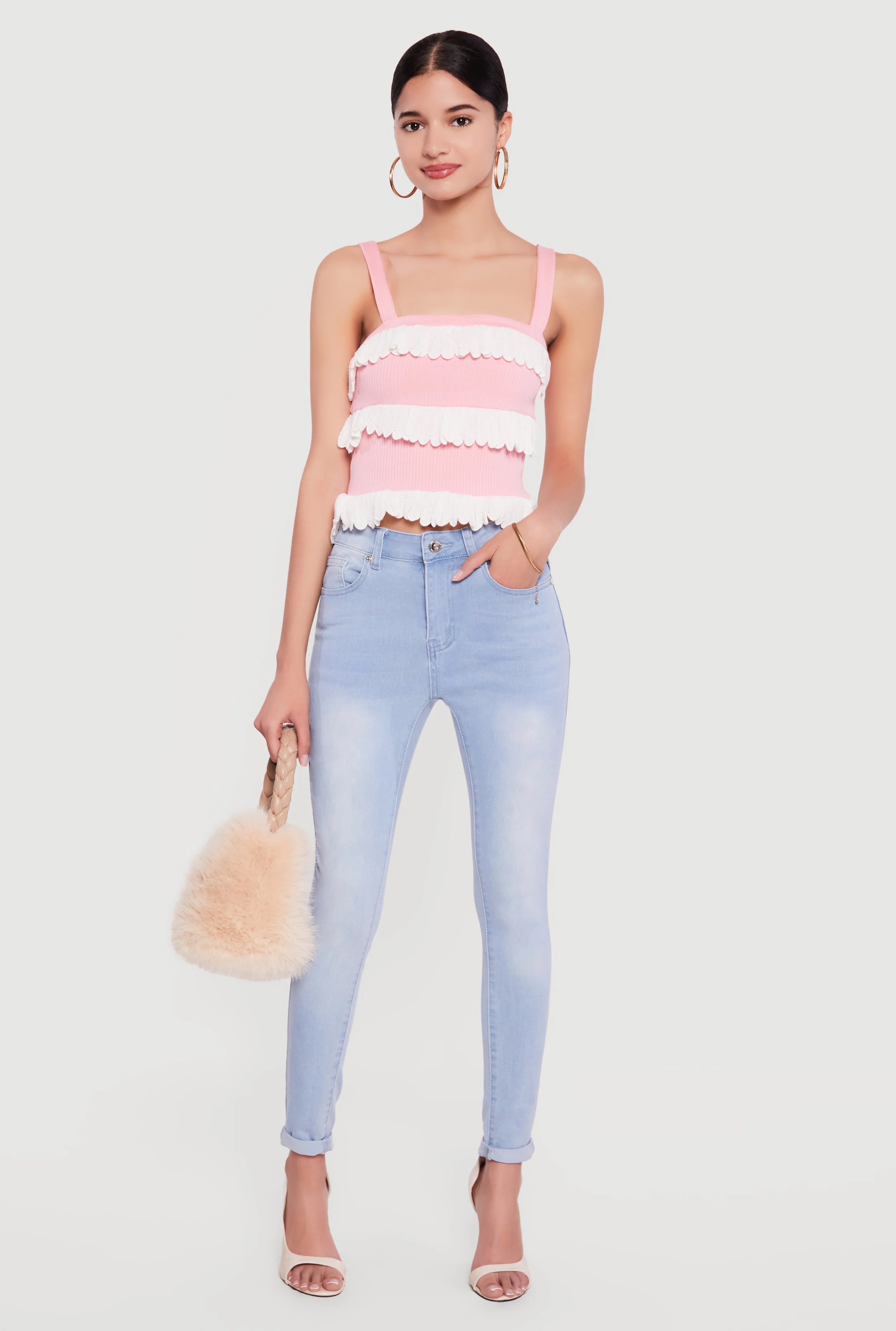 Contrast Ruffle Trim Rib Knit Blouse