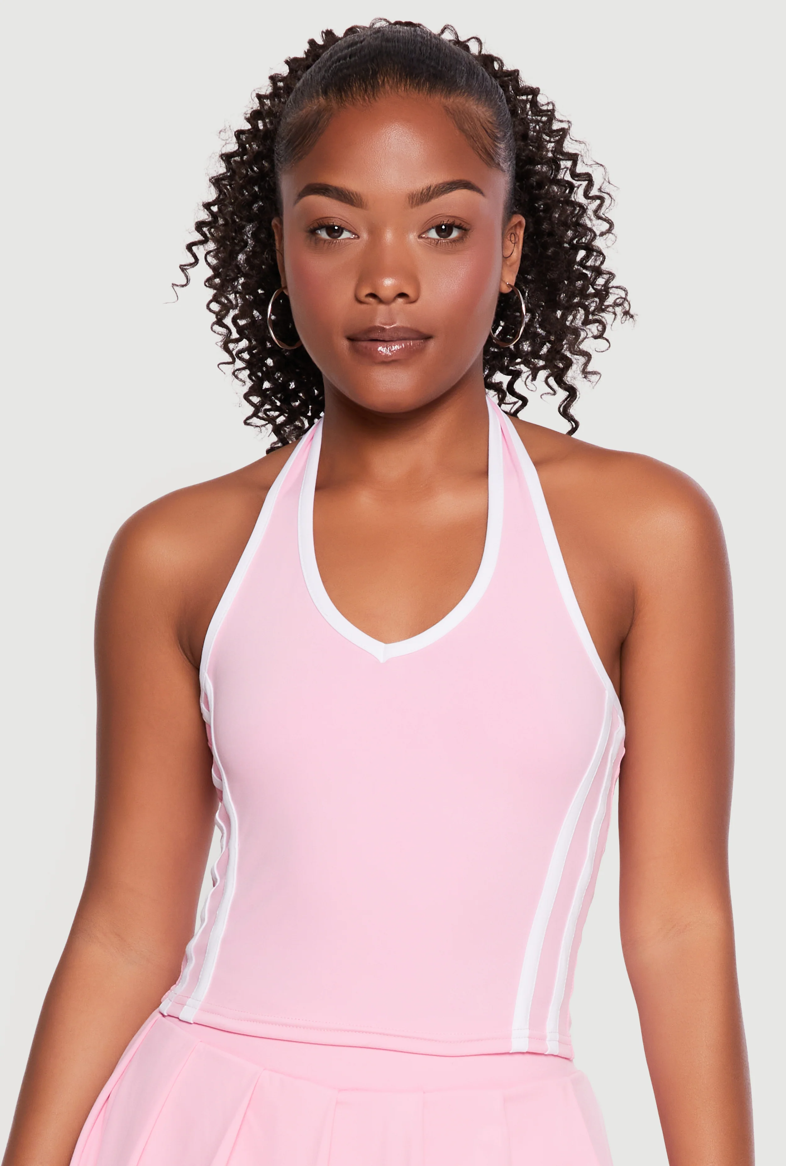 Sleeveless Halter Crop Top with Varsity Stripe Detail