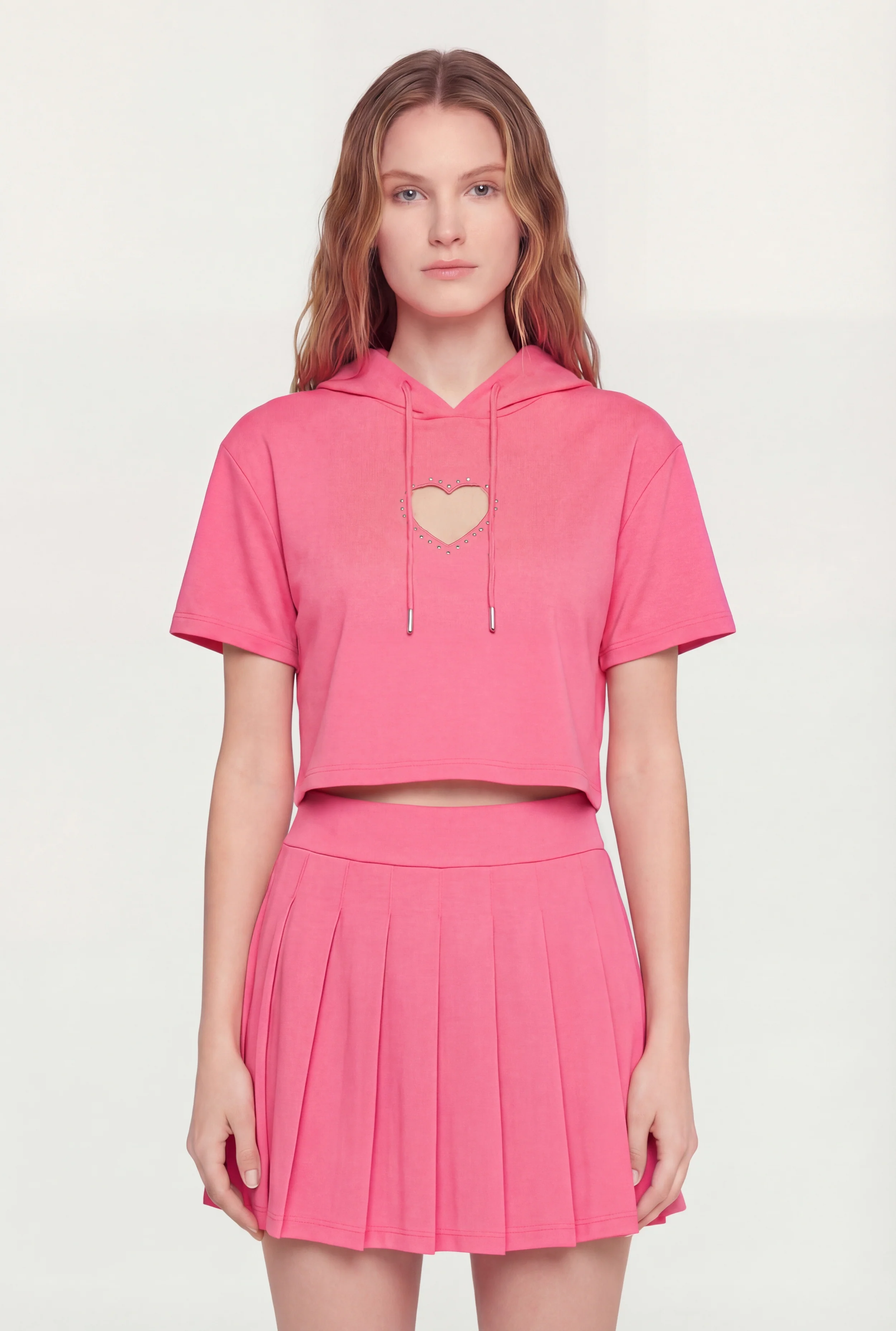Heart Cutout Detail Short Sleeve Cropped Hoodie