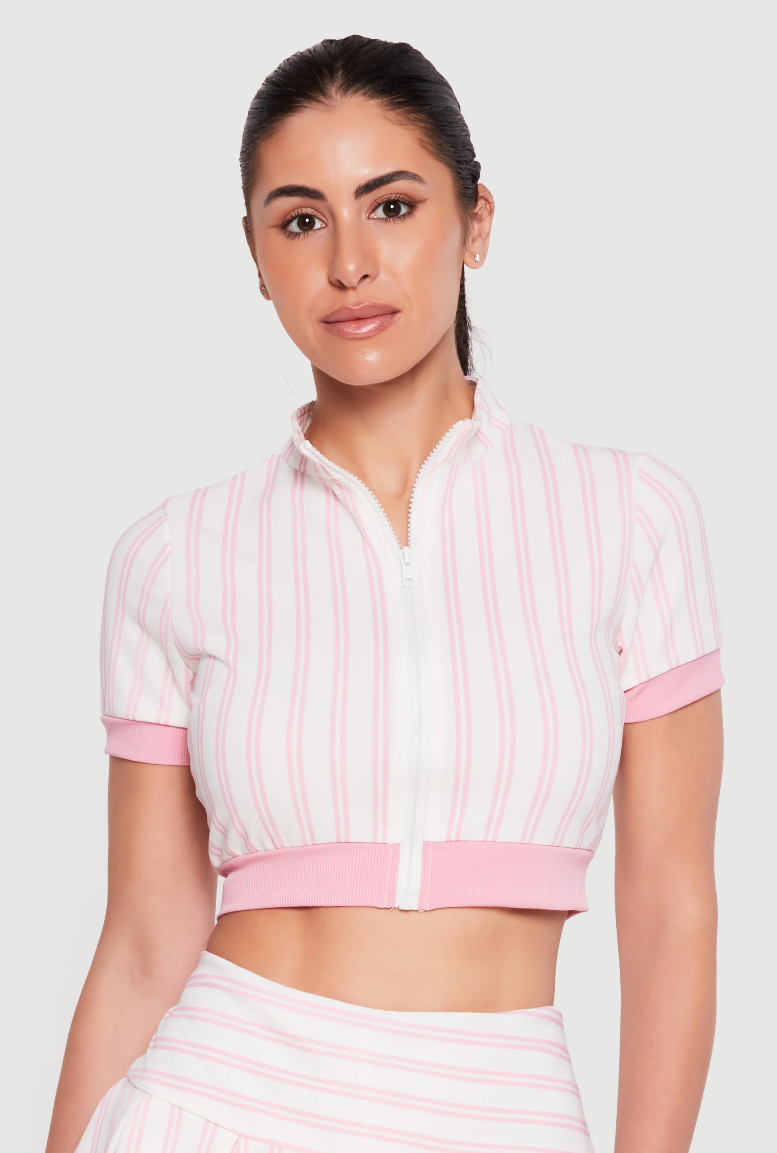 Contrast Trim Striped Zip Front Crop Top