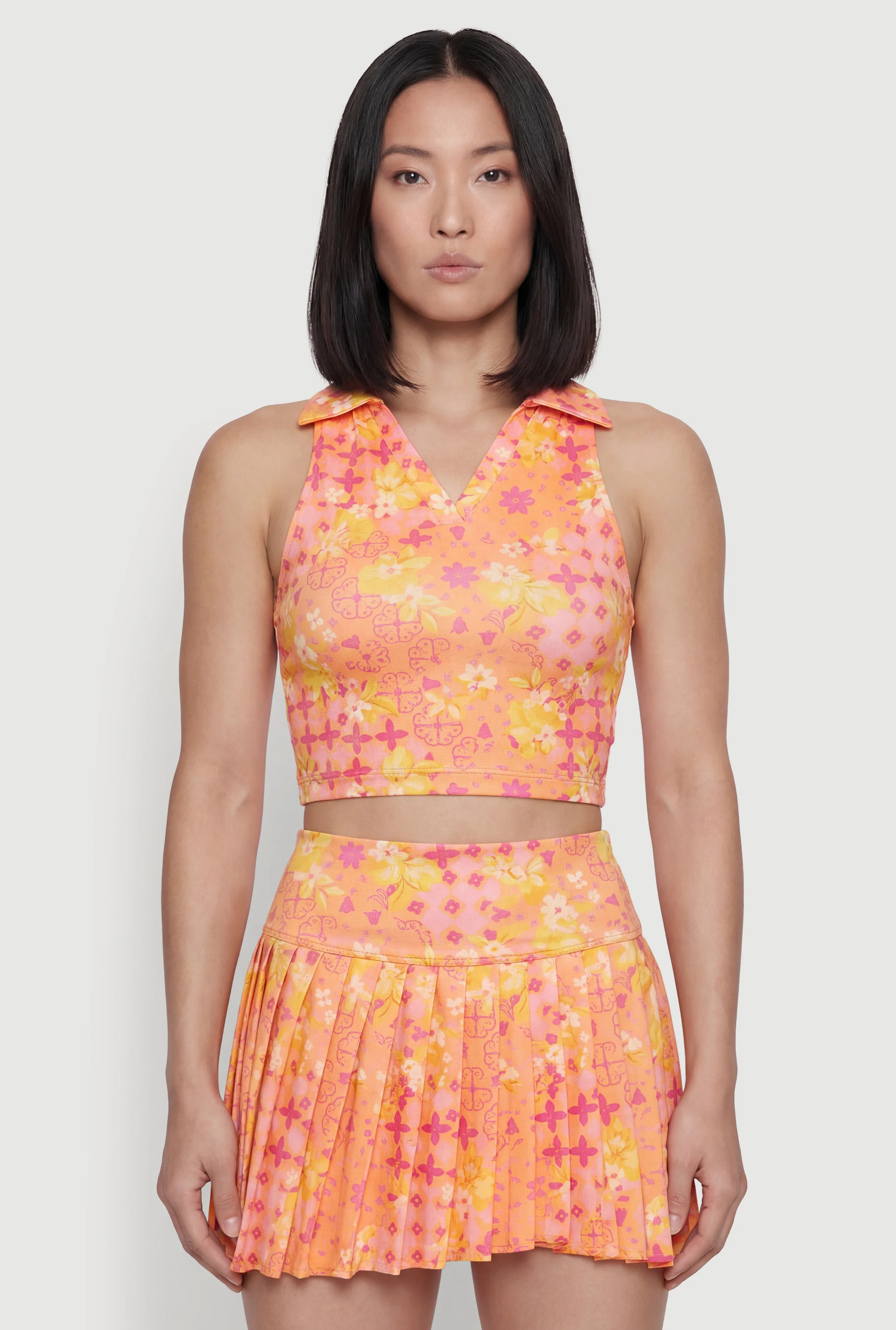 Patterned Sleeveless Collared Crop Top