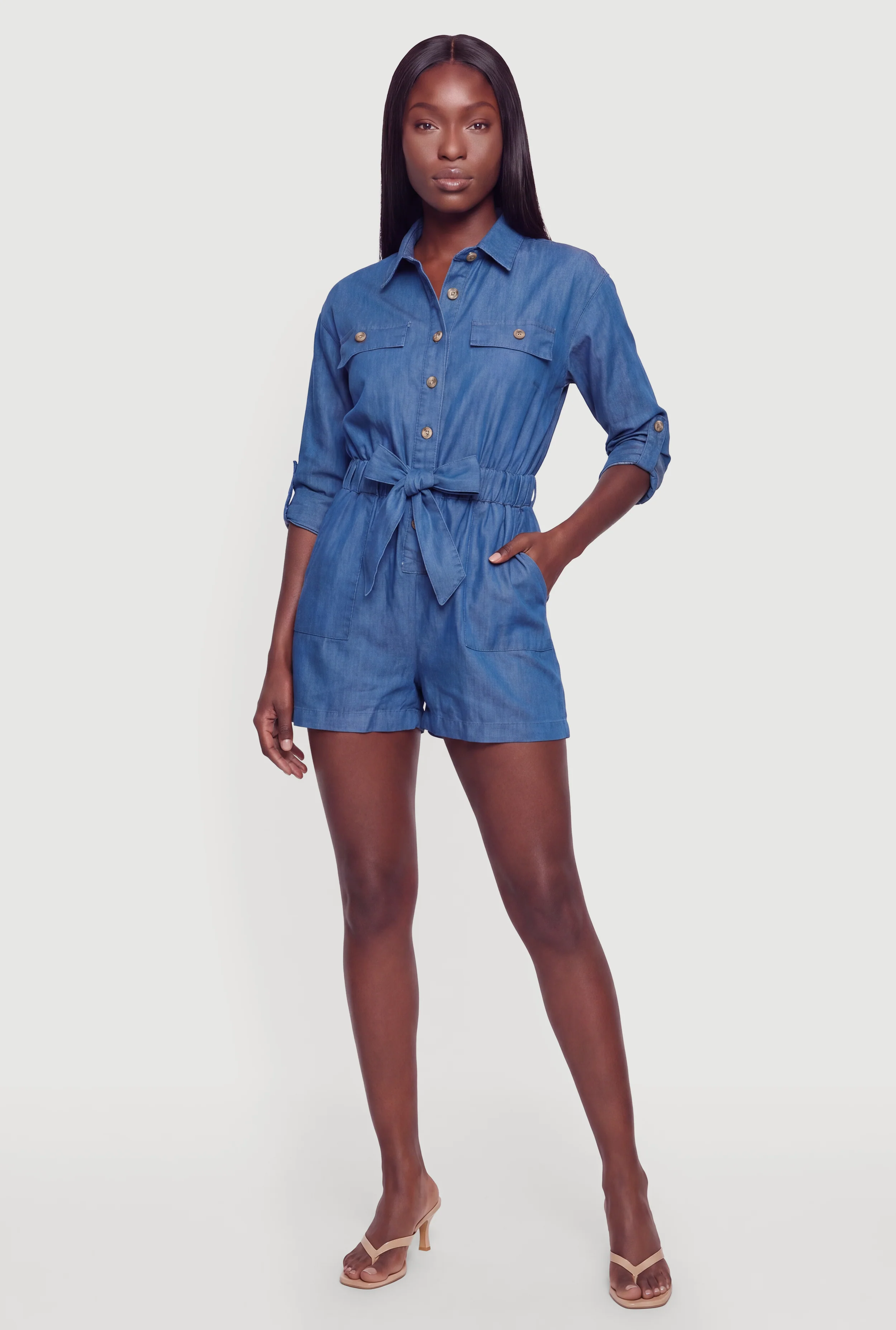 Chambray Button Front Tie Waist Belted Romper