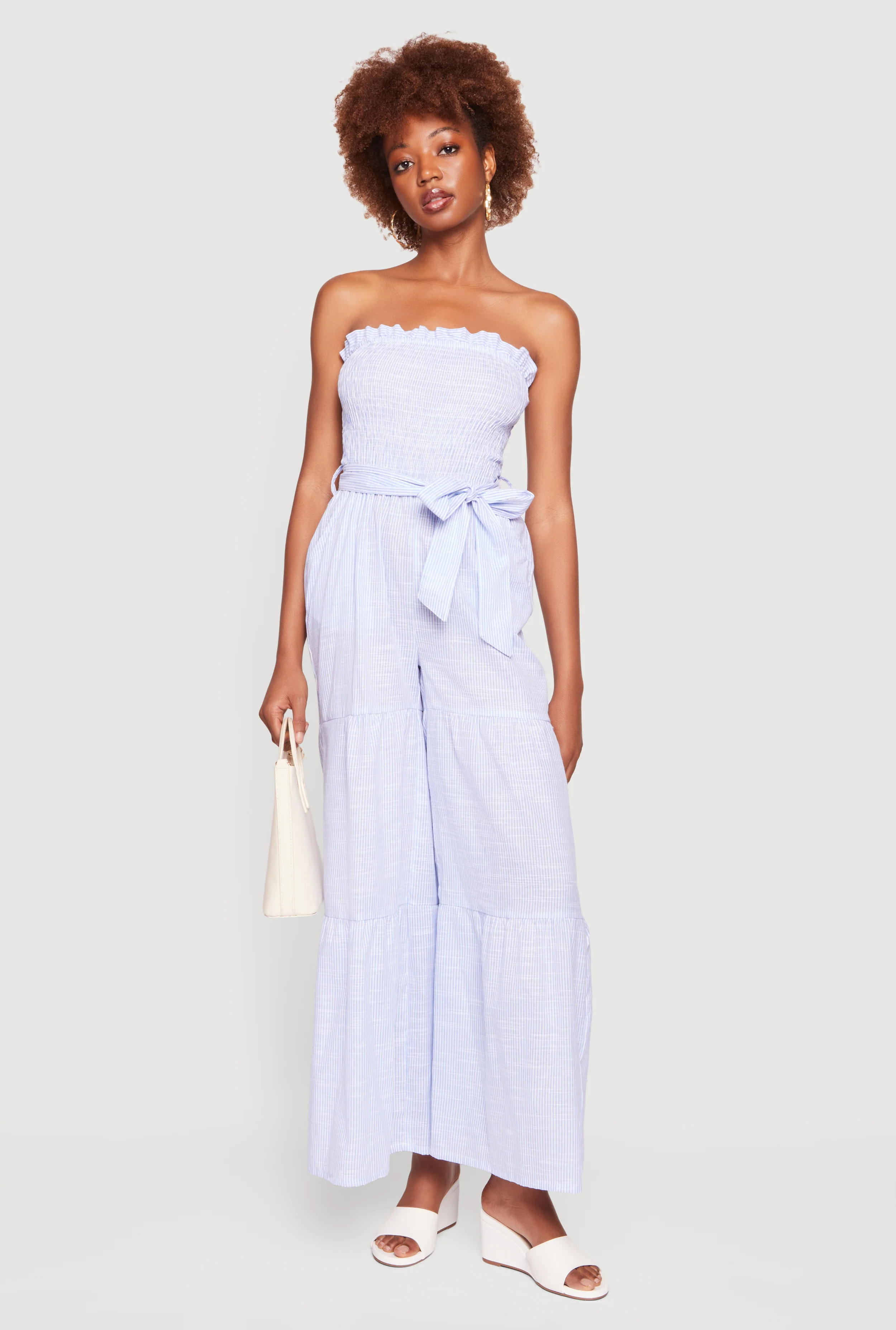 Pinstripe Tie Waist Belted Ruffle Tiered Tube Jumpsuit