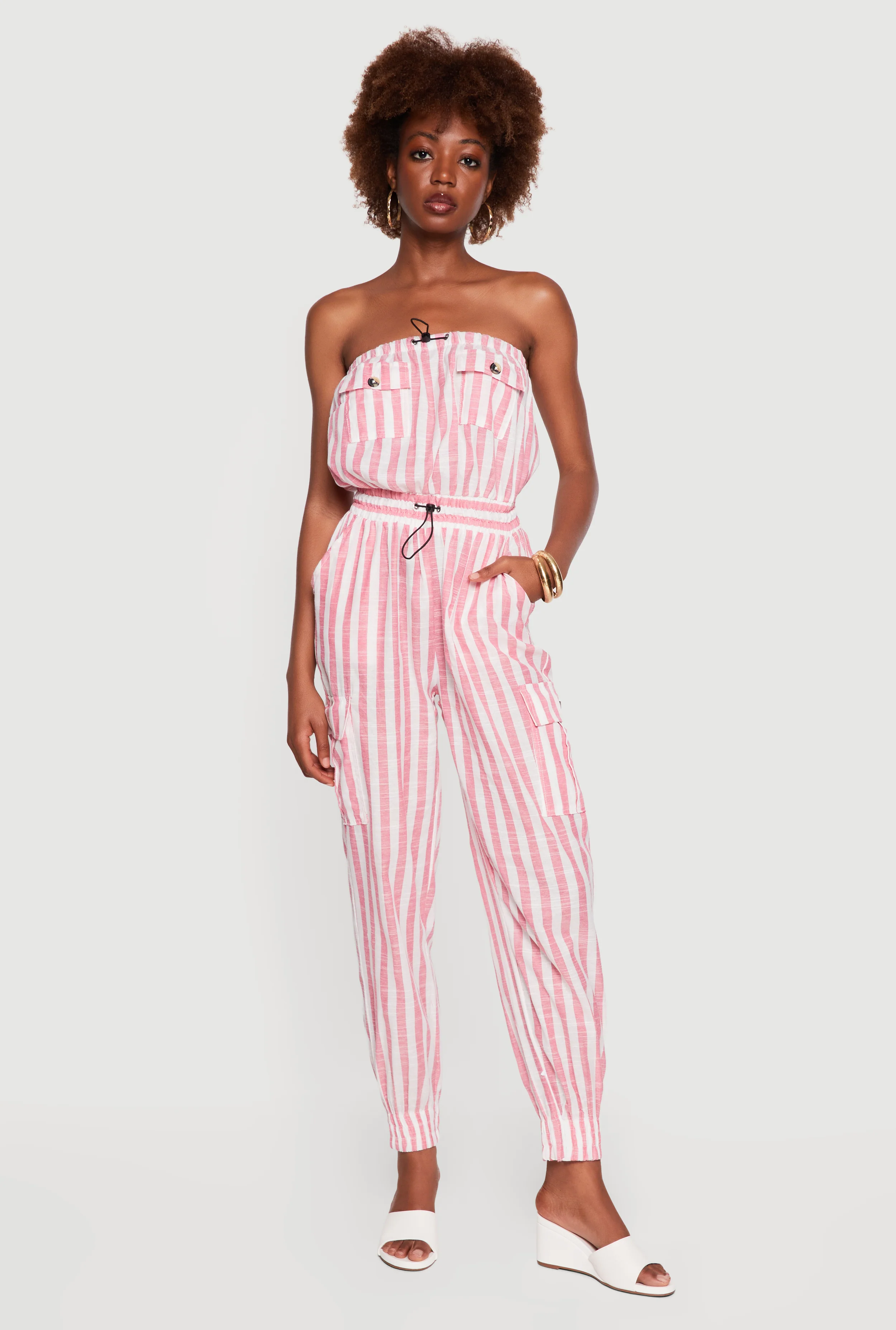 Striped Toggle Drawstring Cargo Pocket Jumpsuit
