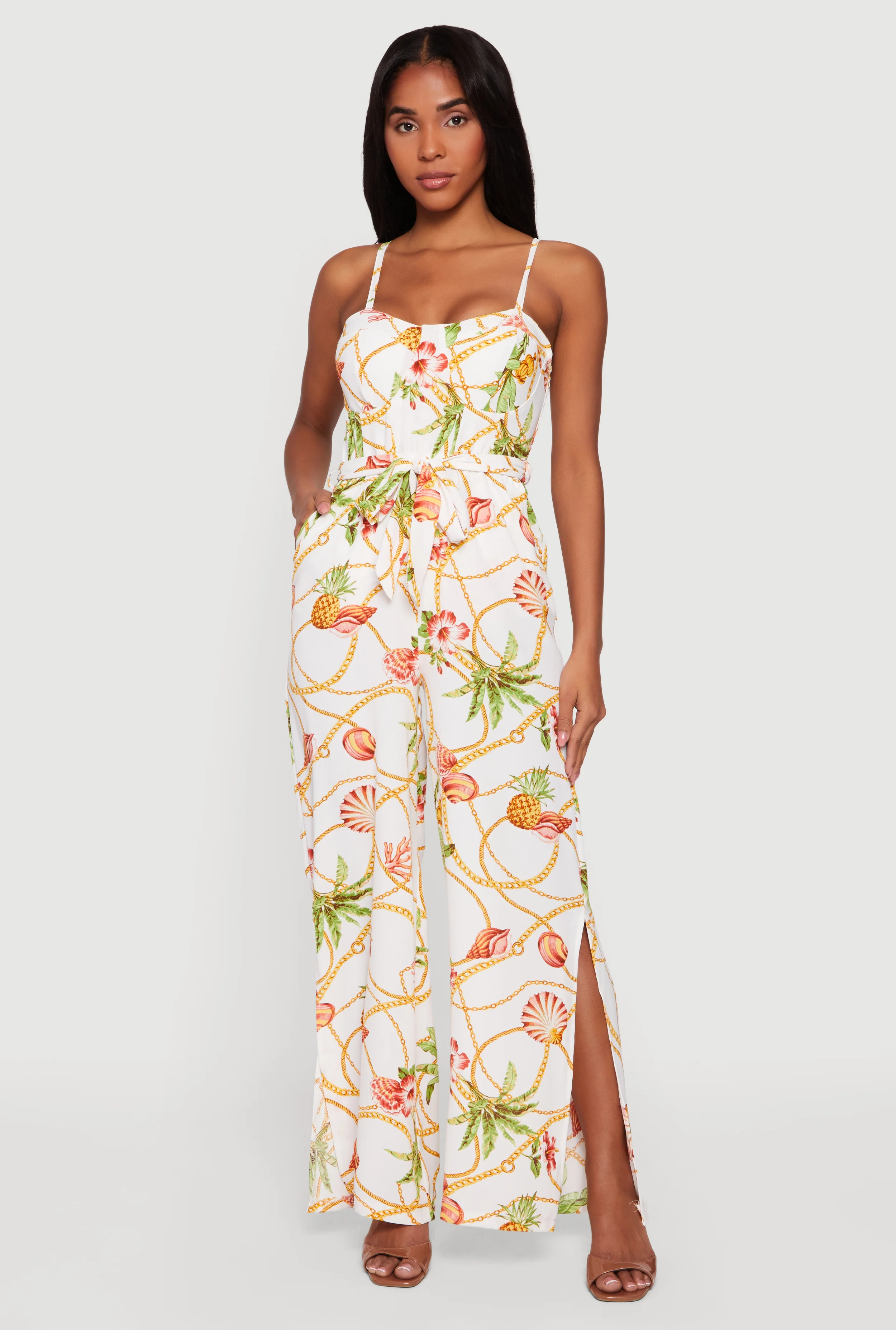 Crepe Knit Patterned Jumpsuit with Tie Waist Belt