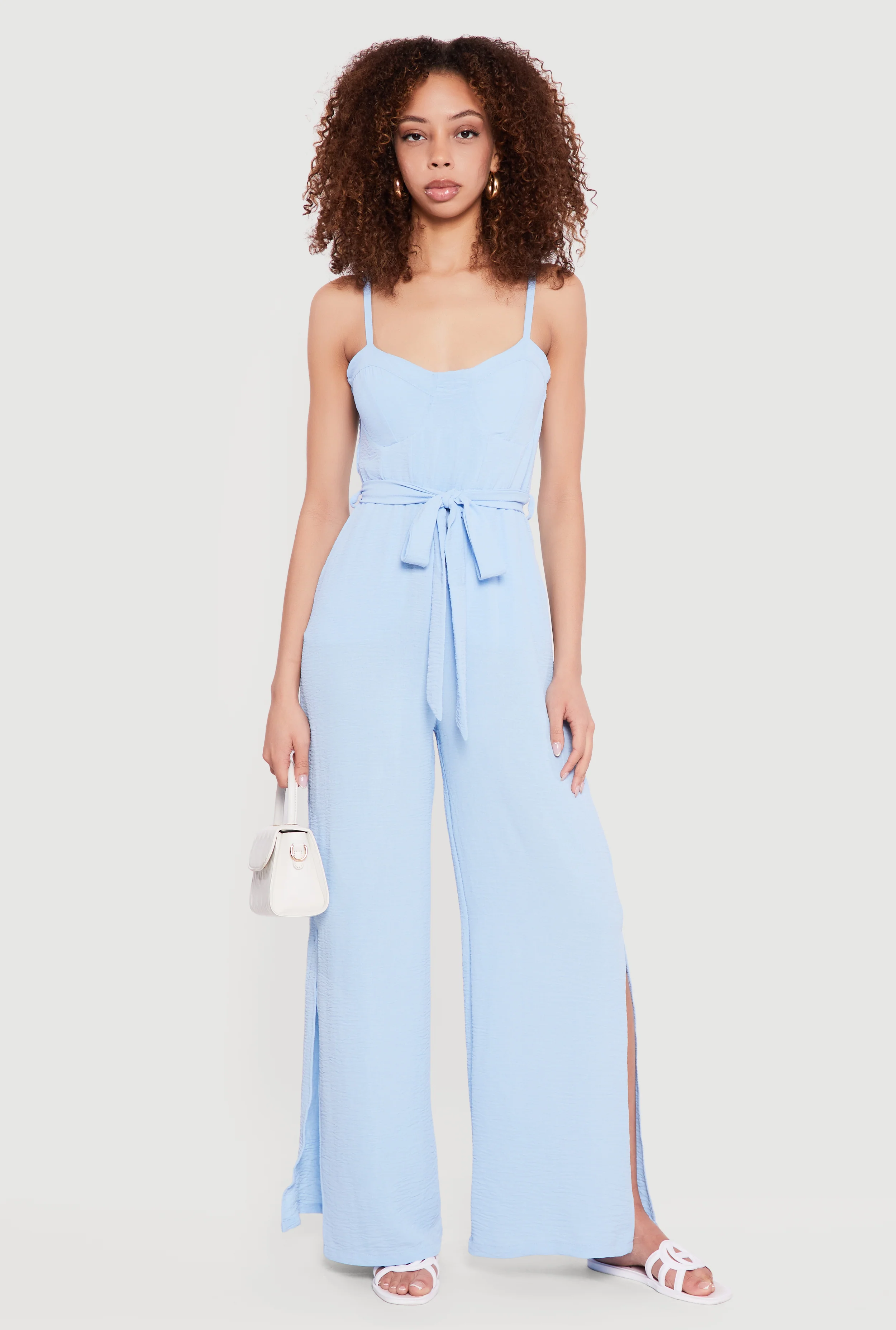 Crepe Knit Tie Waist Belted Side Slit Bustier Jumpsuit