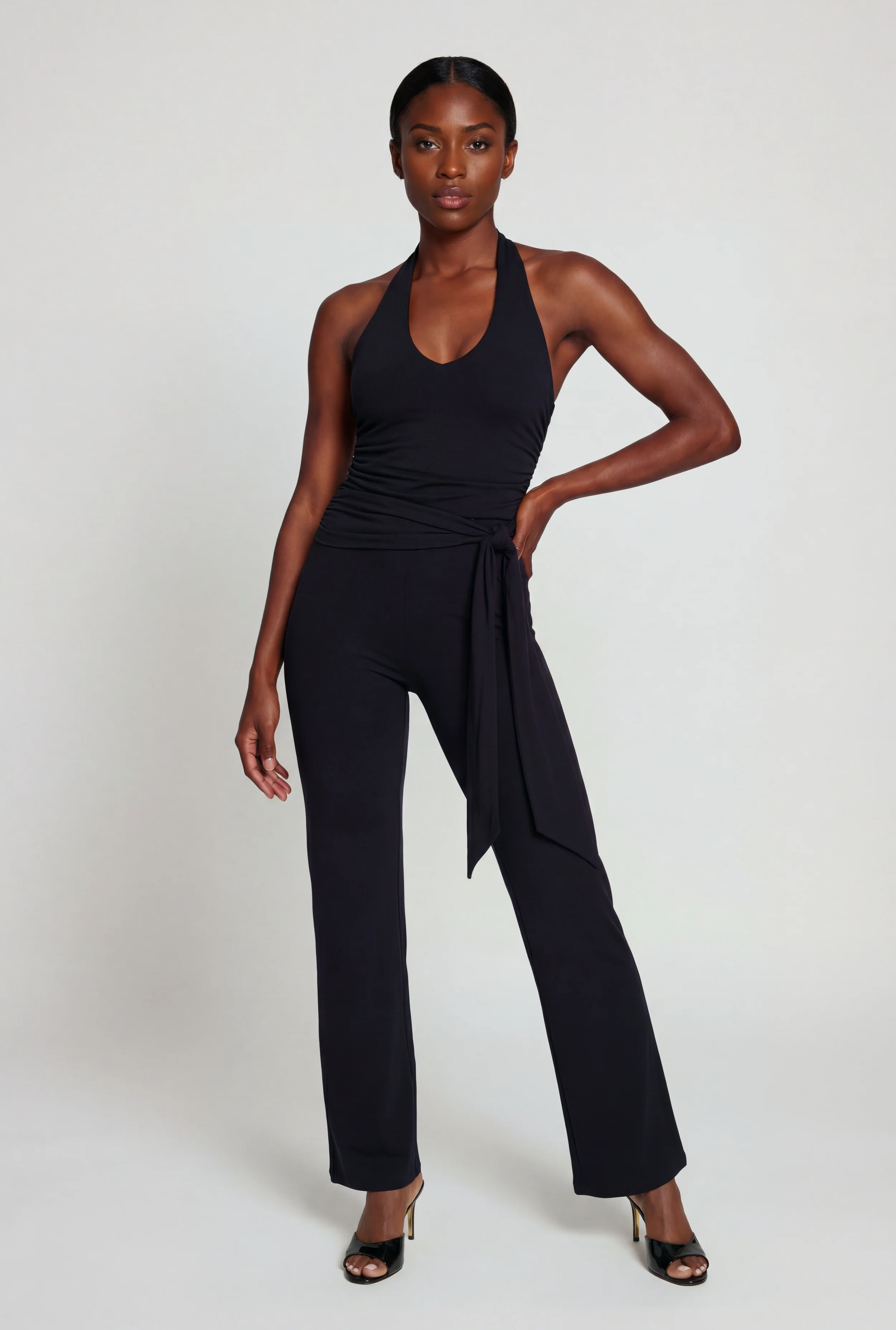 Side Ruched Halter Tie Back Wide Leg Jumpsuit