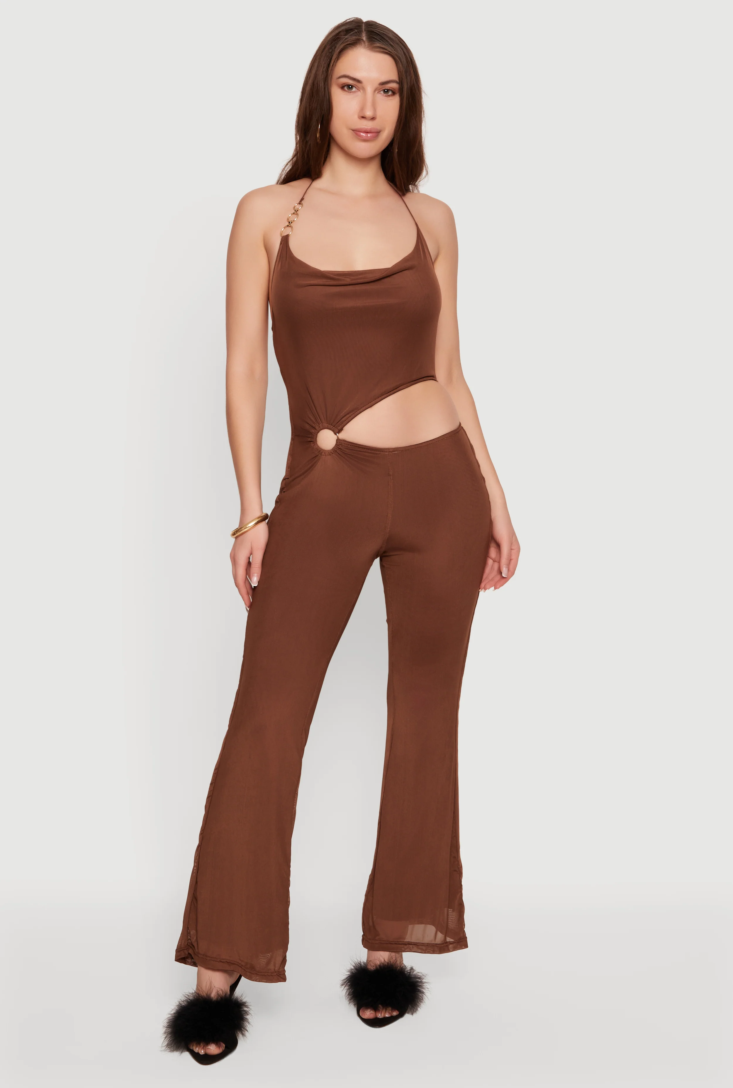 O Ring Detail Cowl Halter Neck Mesh Jumpsuit