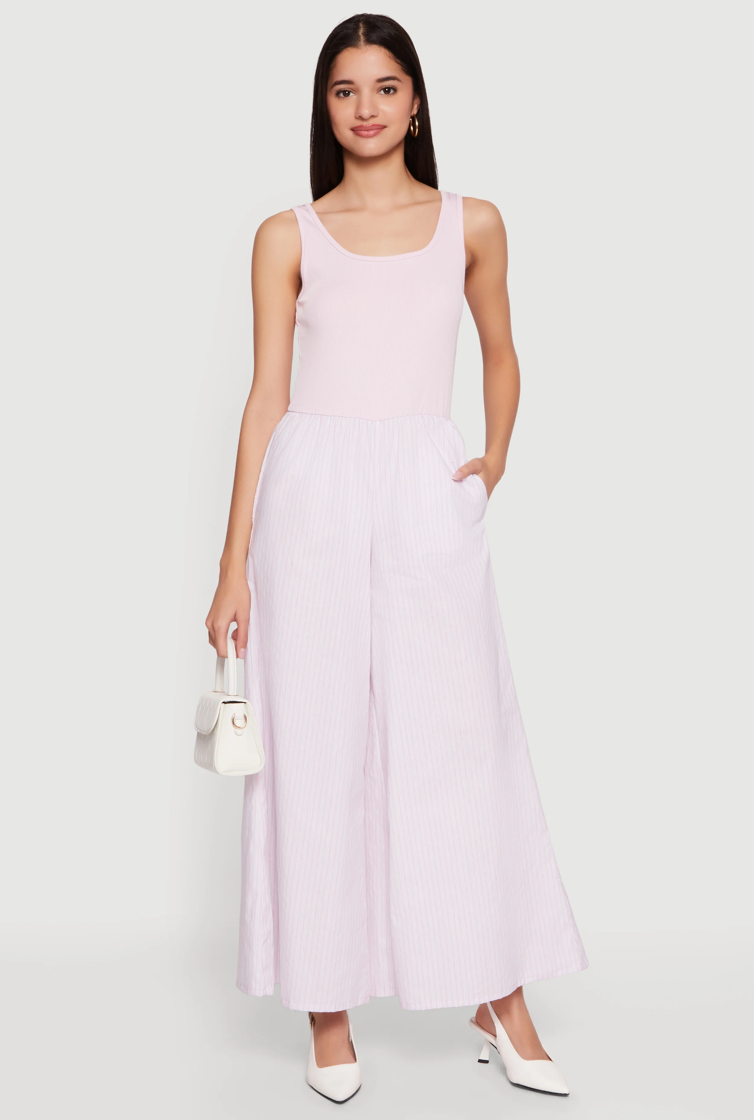 Rib Knit Striped Wide Leg Jumpsuit
