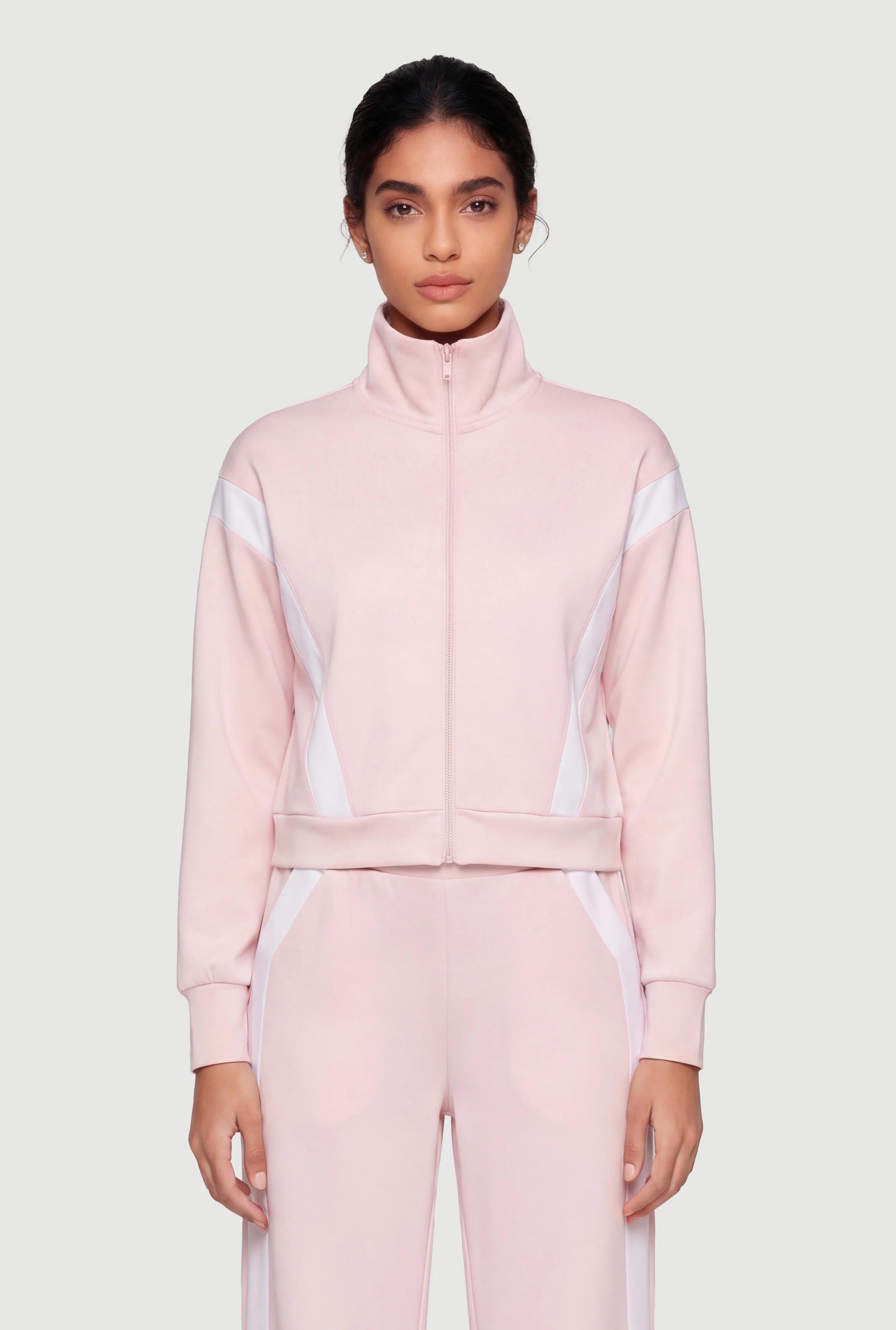 Contrast Trim Zip Front Mock Neck Active Jacket