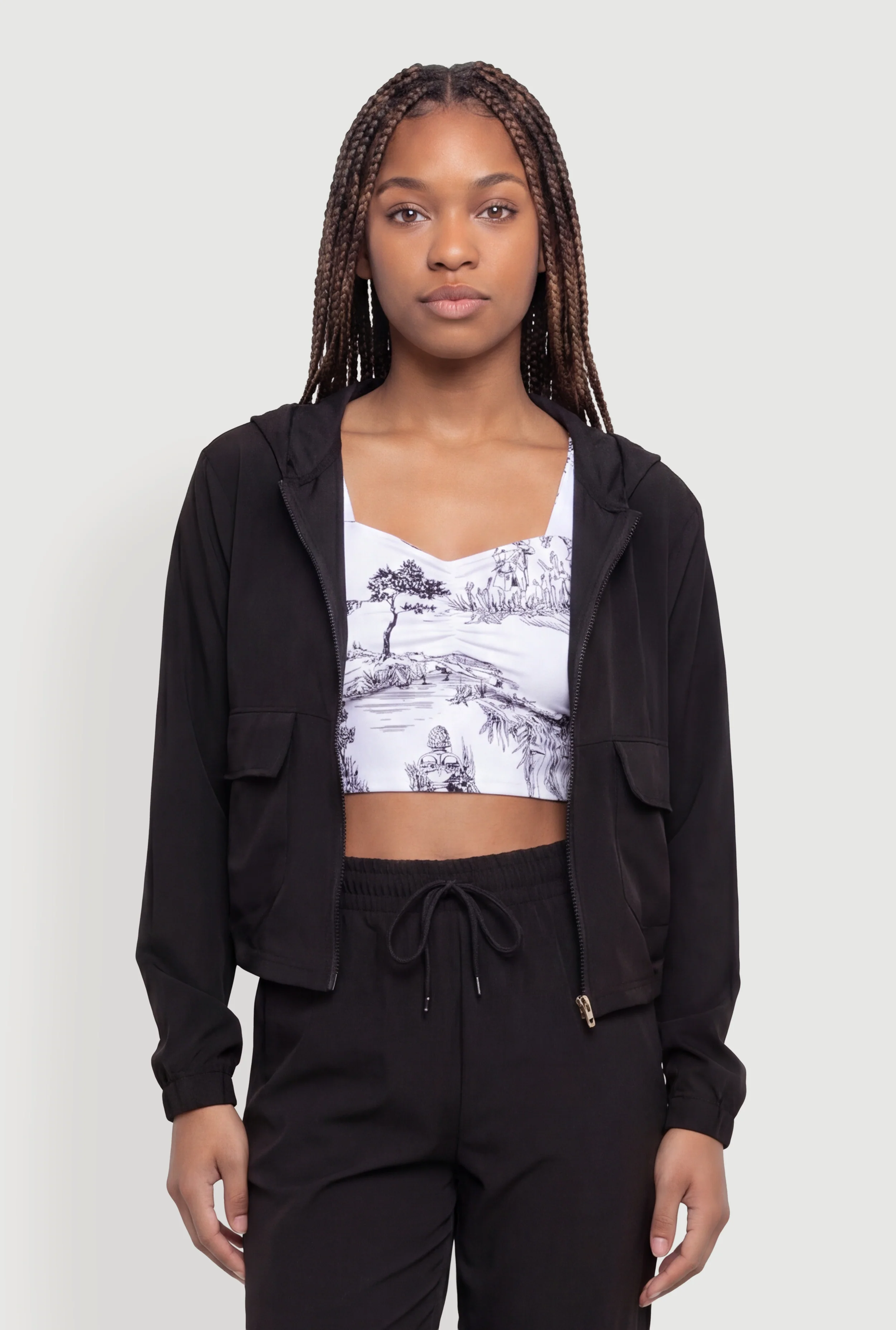 Solid Zip Front Hooded Active Jacket