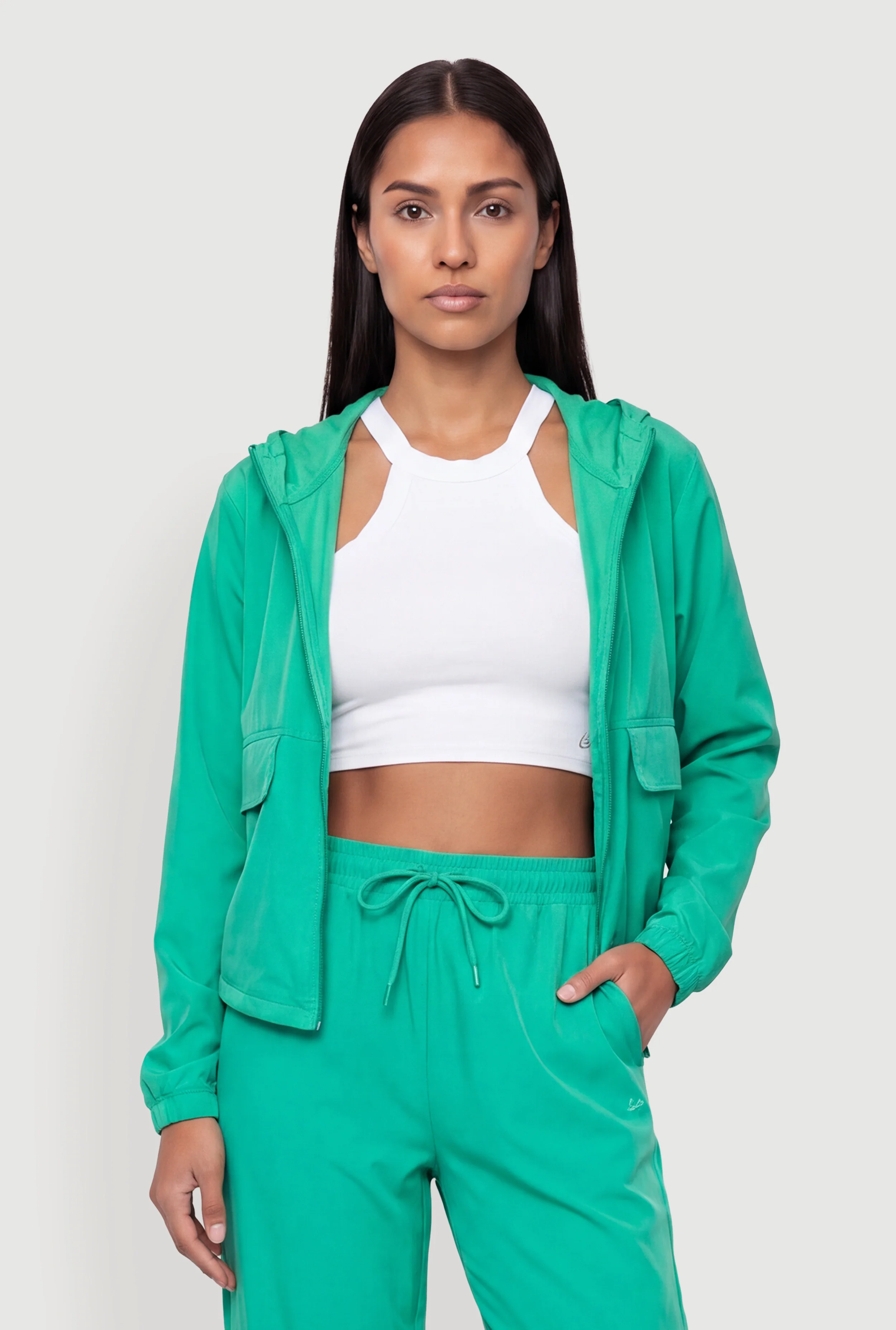 Solid Zip Front Hooded Active Jacket