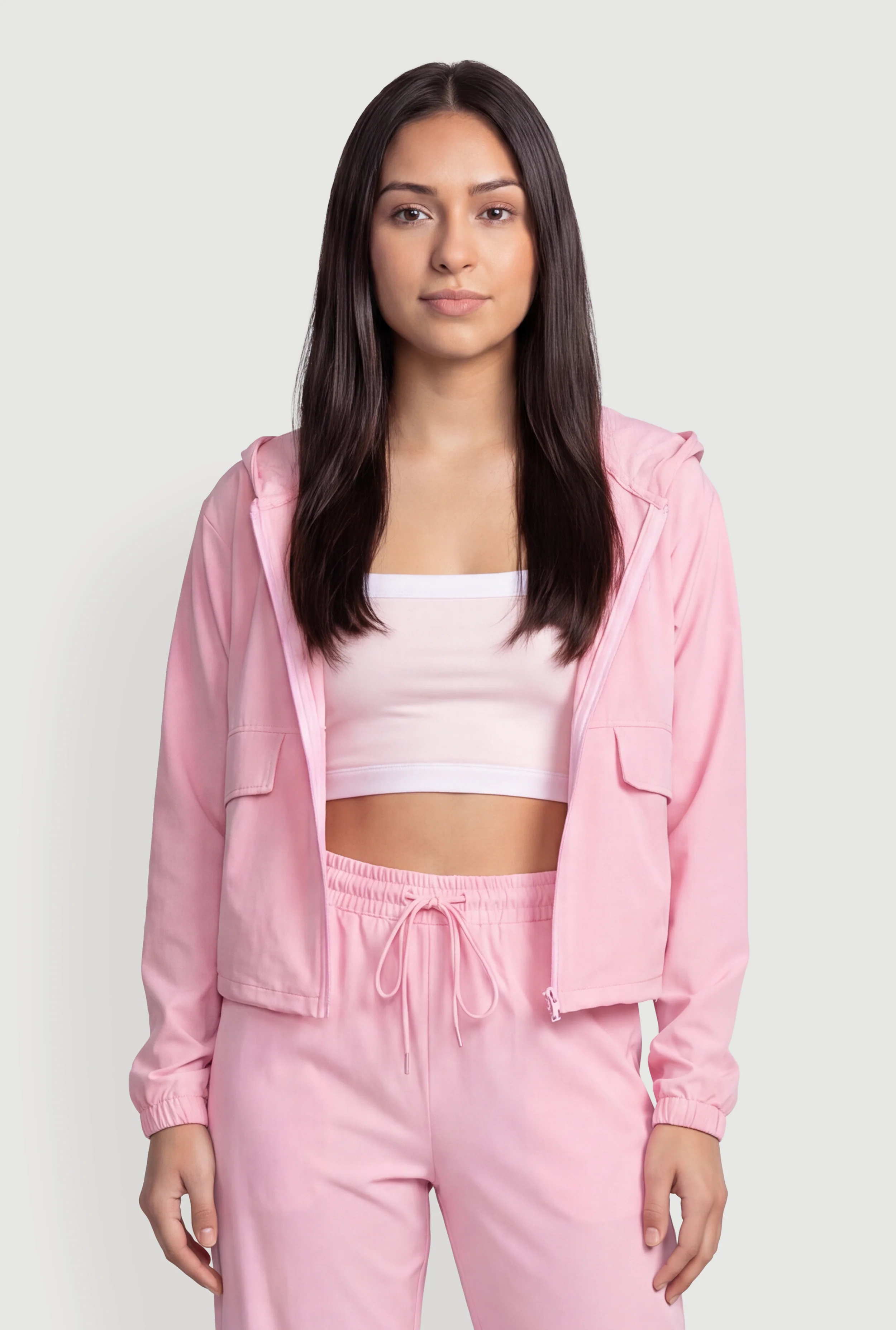 Solid Zip Front Hooded Active Jacket