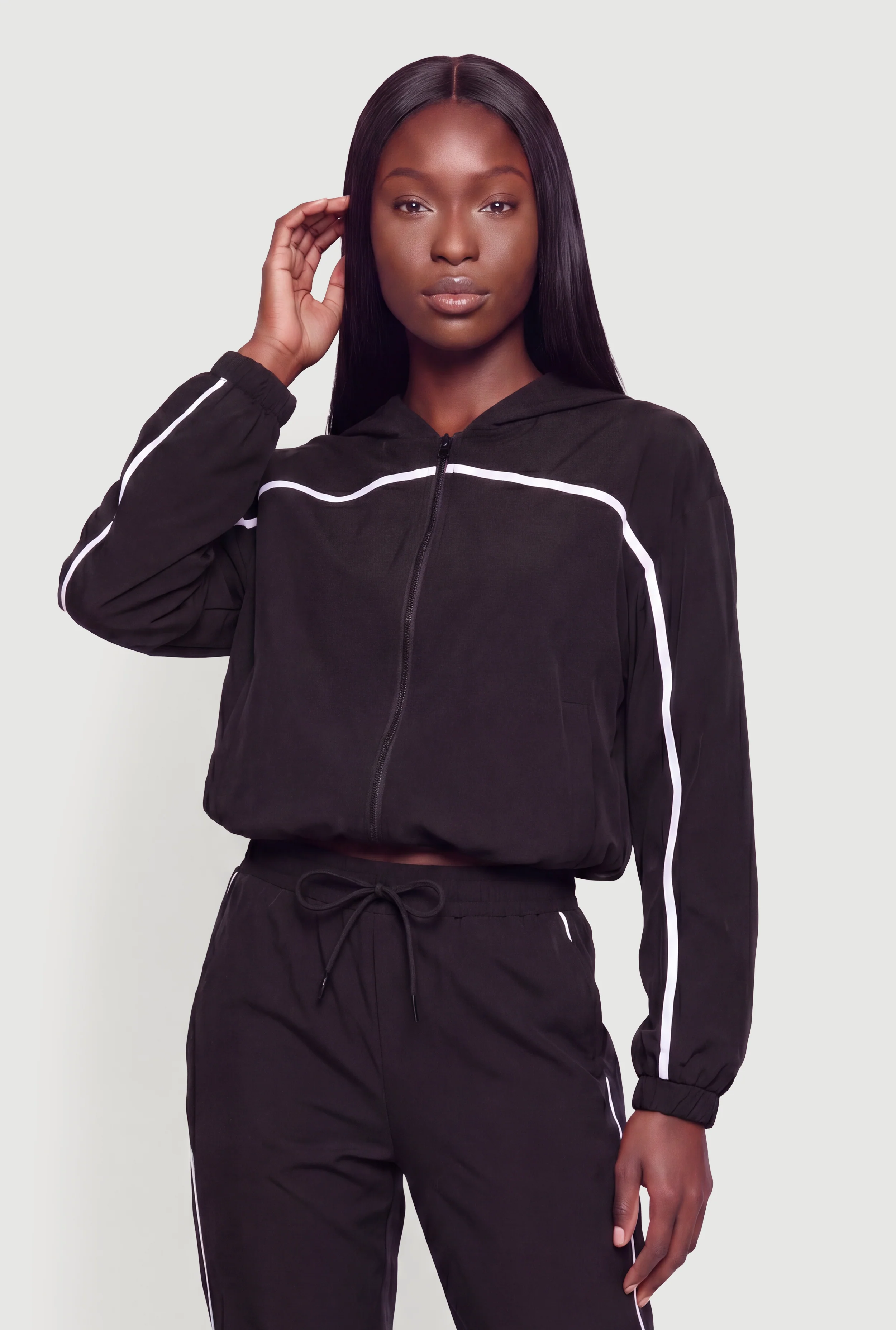 Contrast Trim Piping Zip Front Hoodie