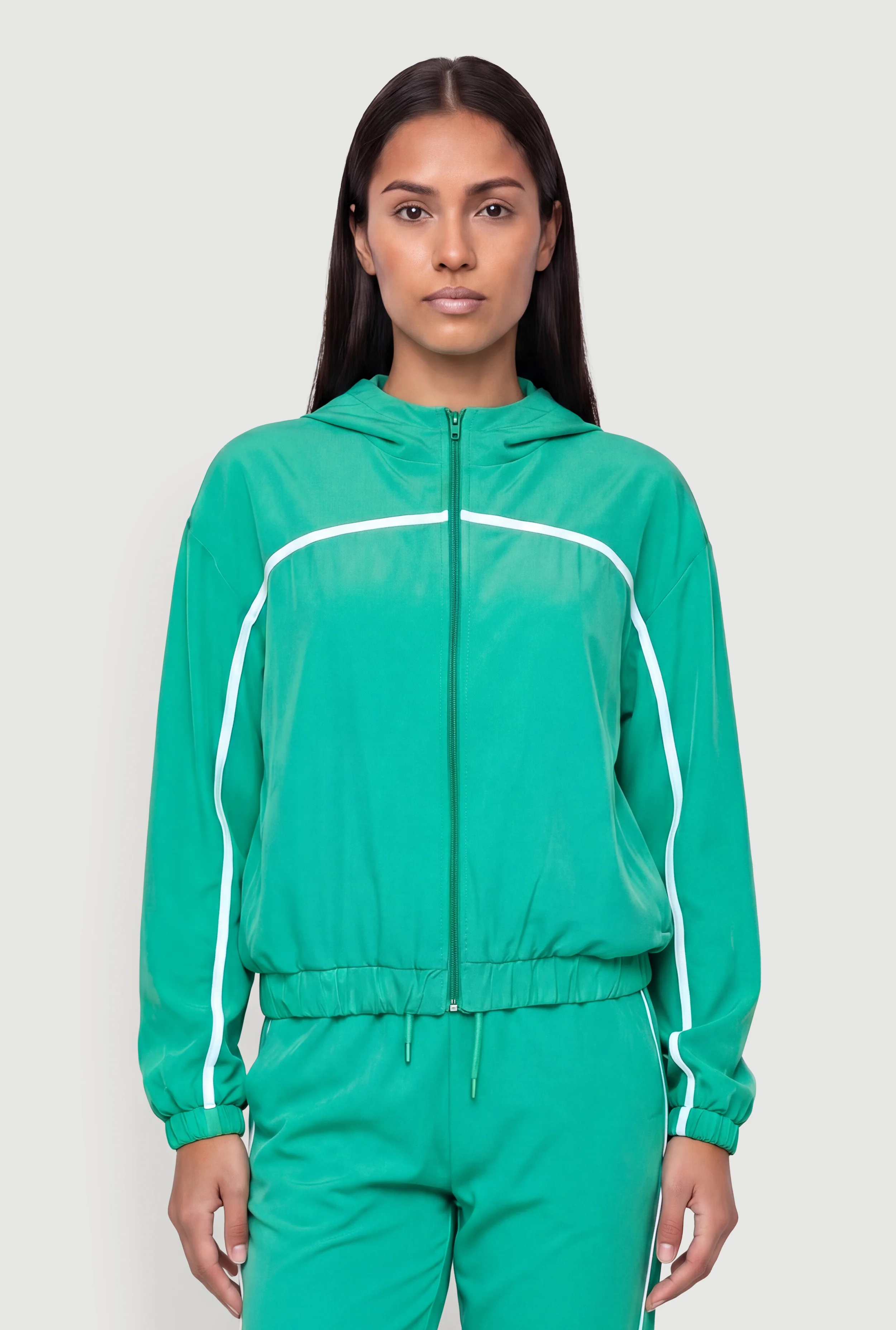 Contrast Trim Piping Zip Front Hoodie
