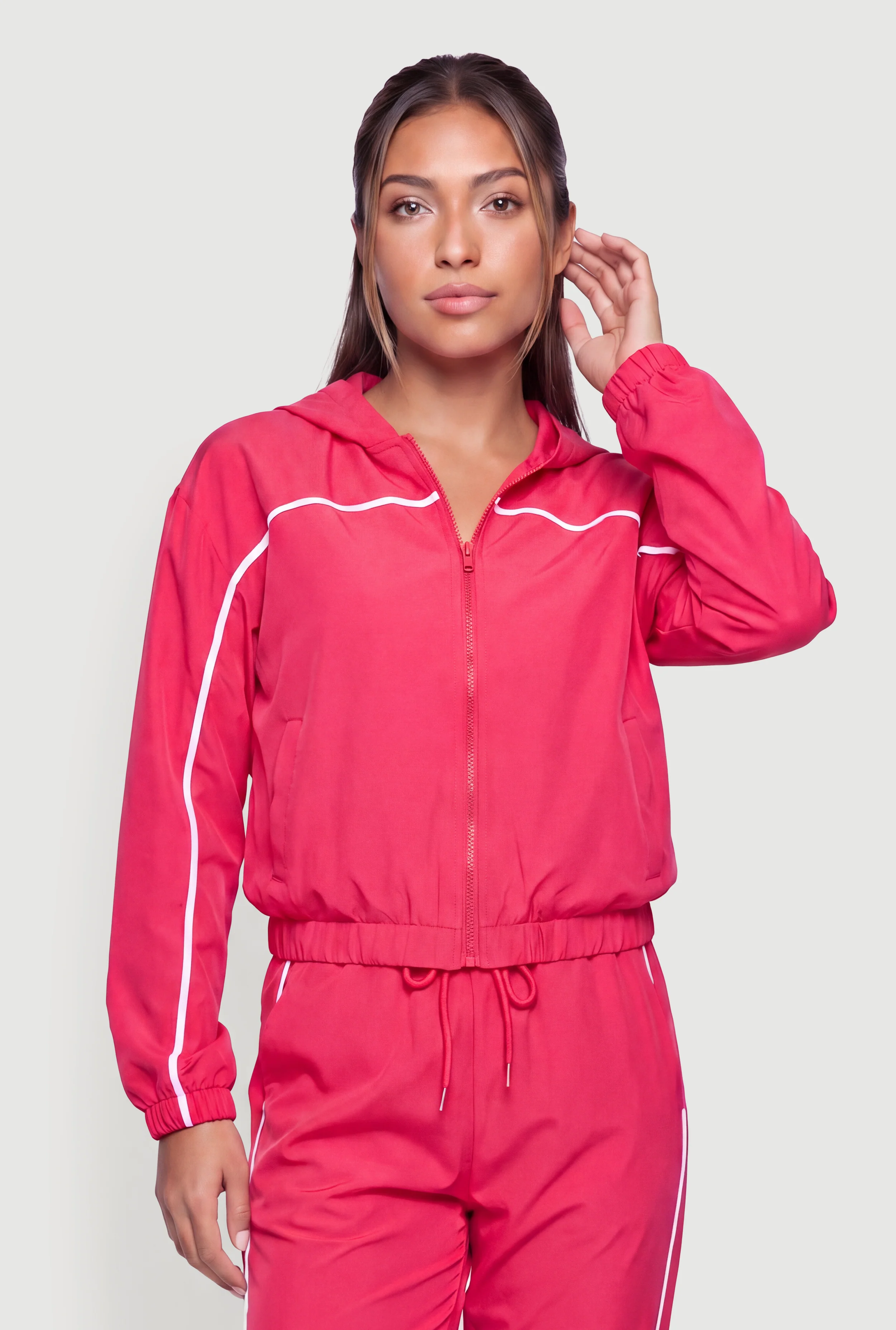 Contrast Trim Piping Zip Front Hoodie