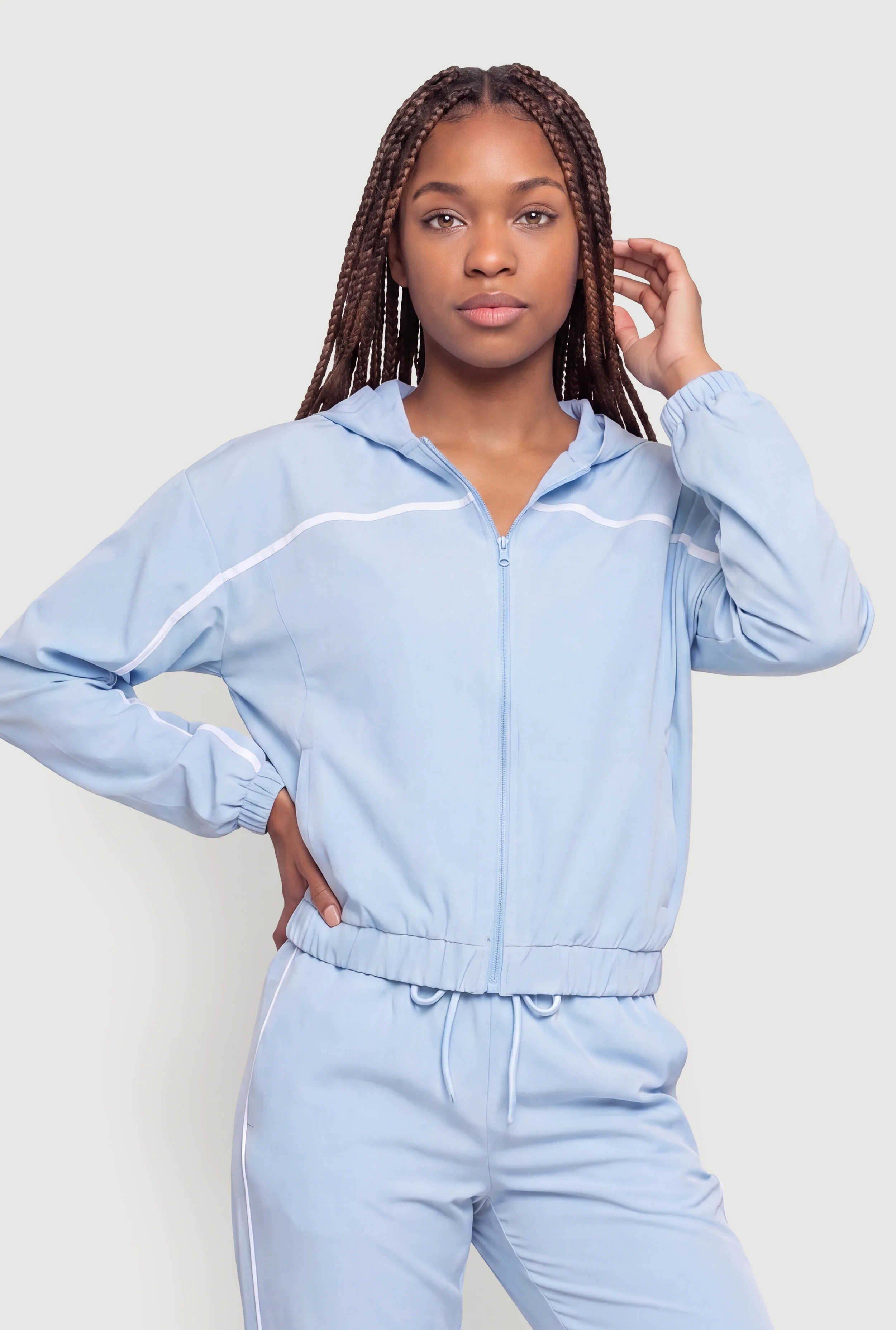 Contrast Trim Piping Zip Front Hoodie