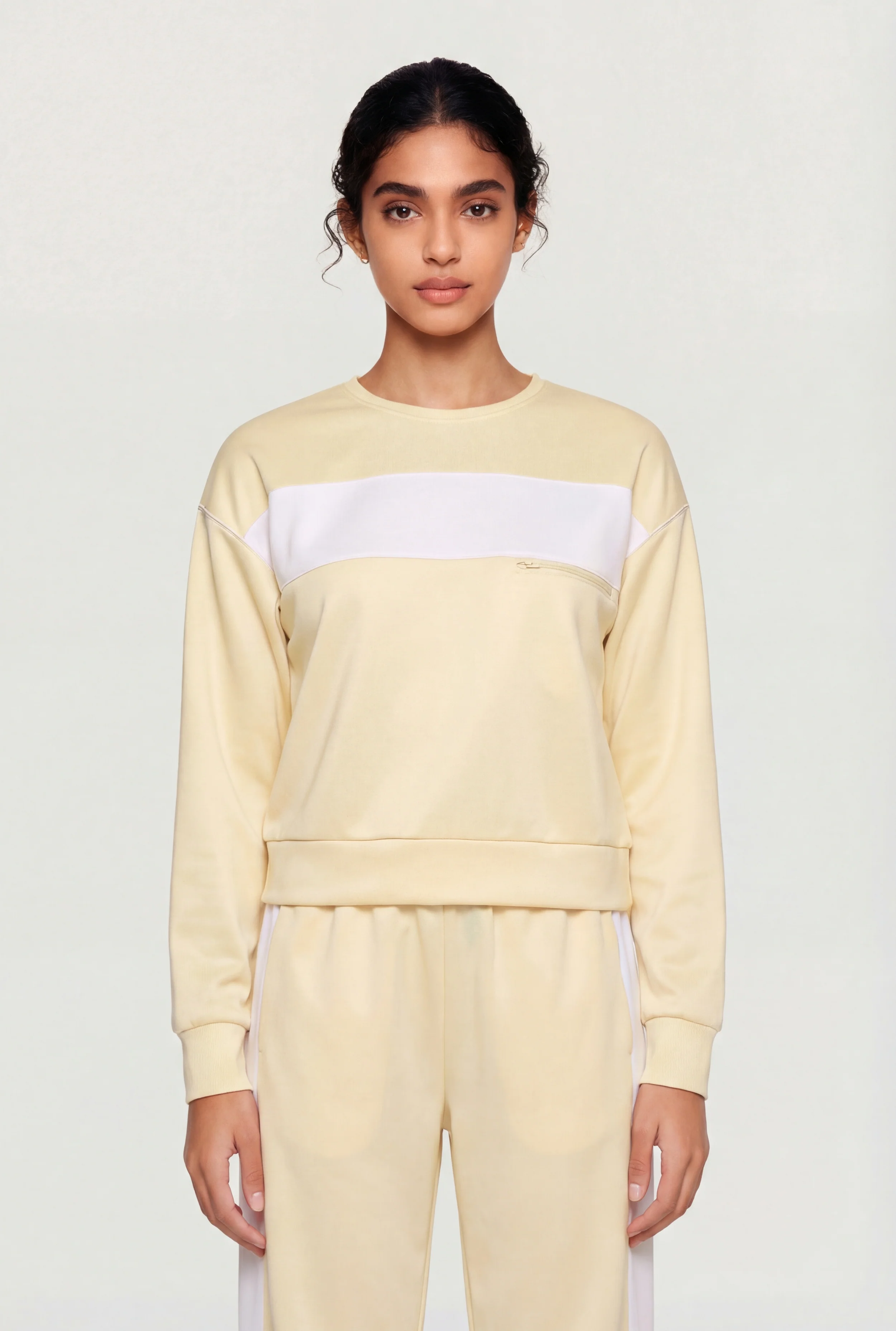Crew Neck Pullover Top with Zip Pocket Detail