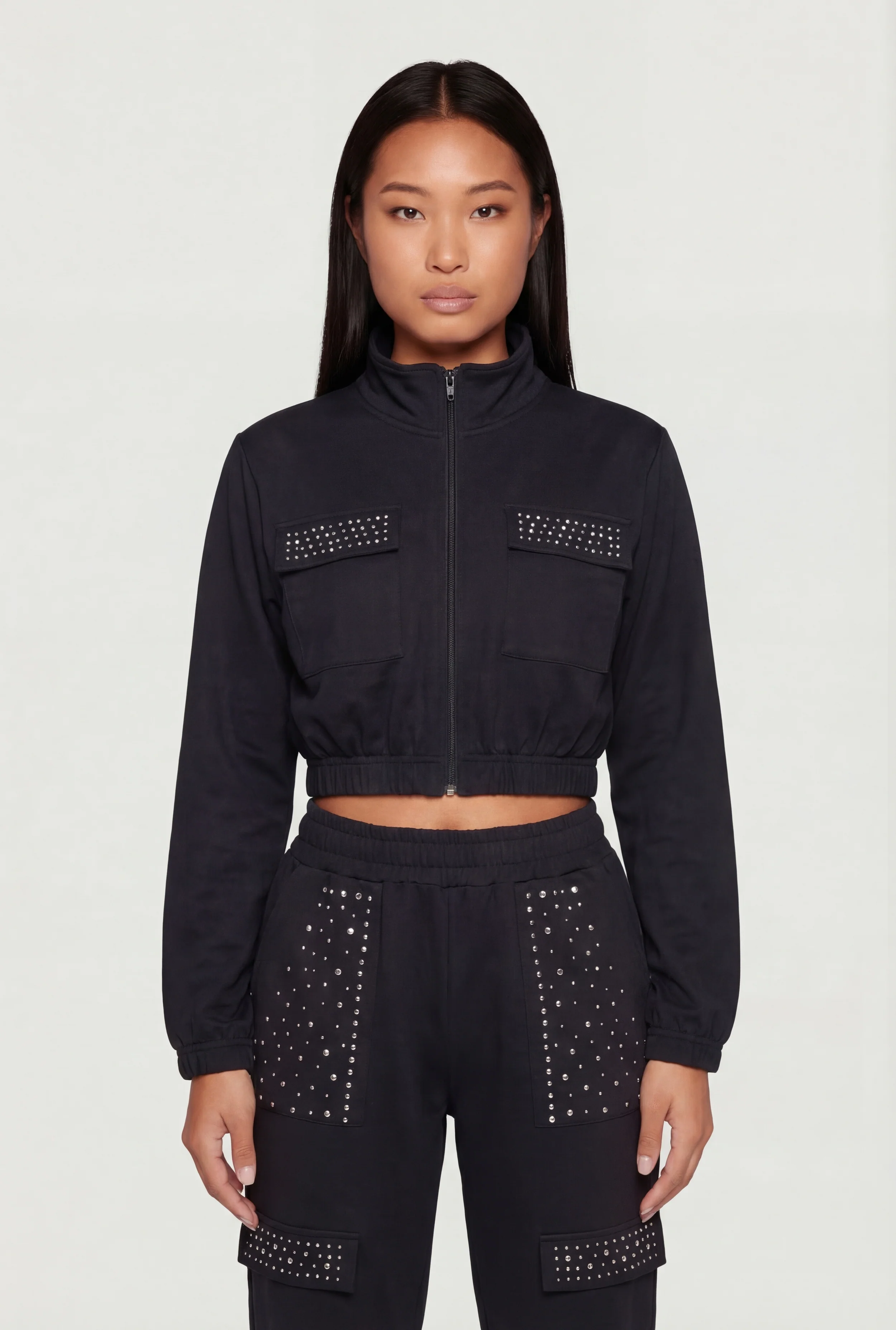 Rhinestone Detail Zip Front Mock Neck Cropped Track Jacket