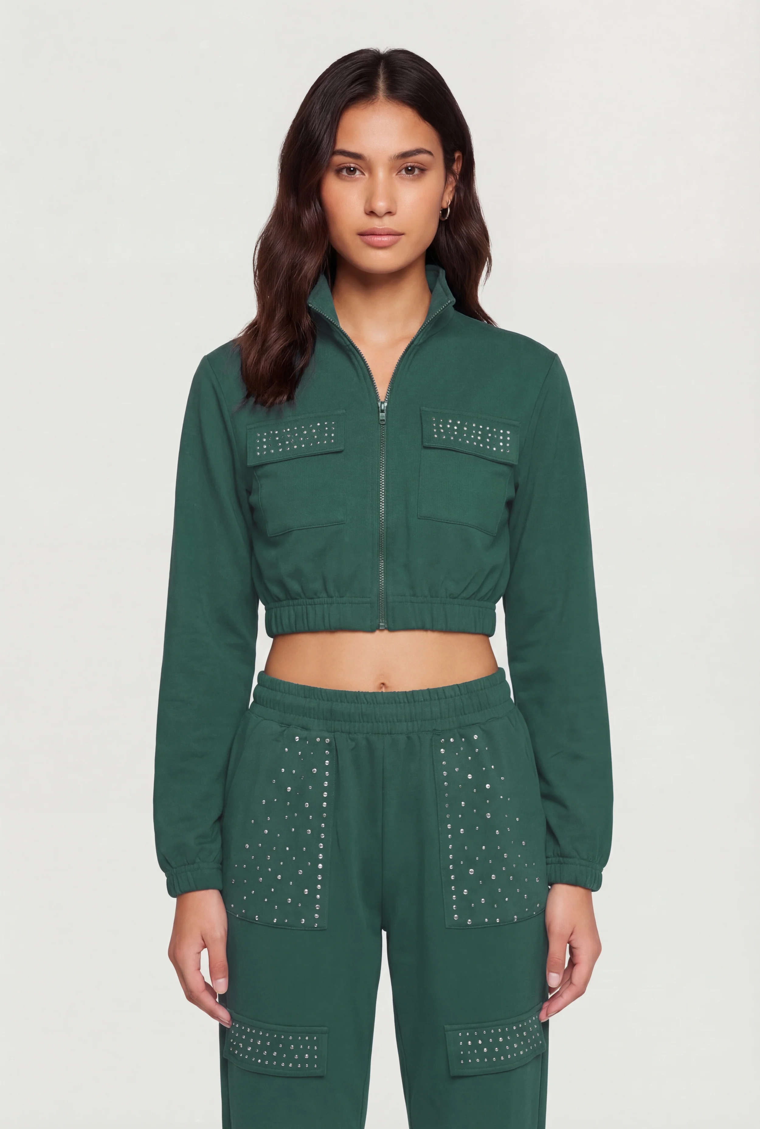 Rhinestone Detail Zip Front Mock Neck Cropped Track Jacket