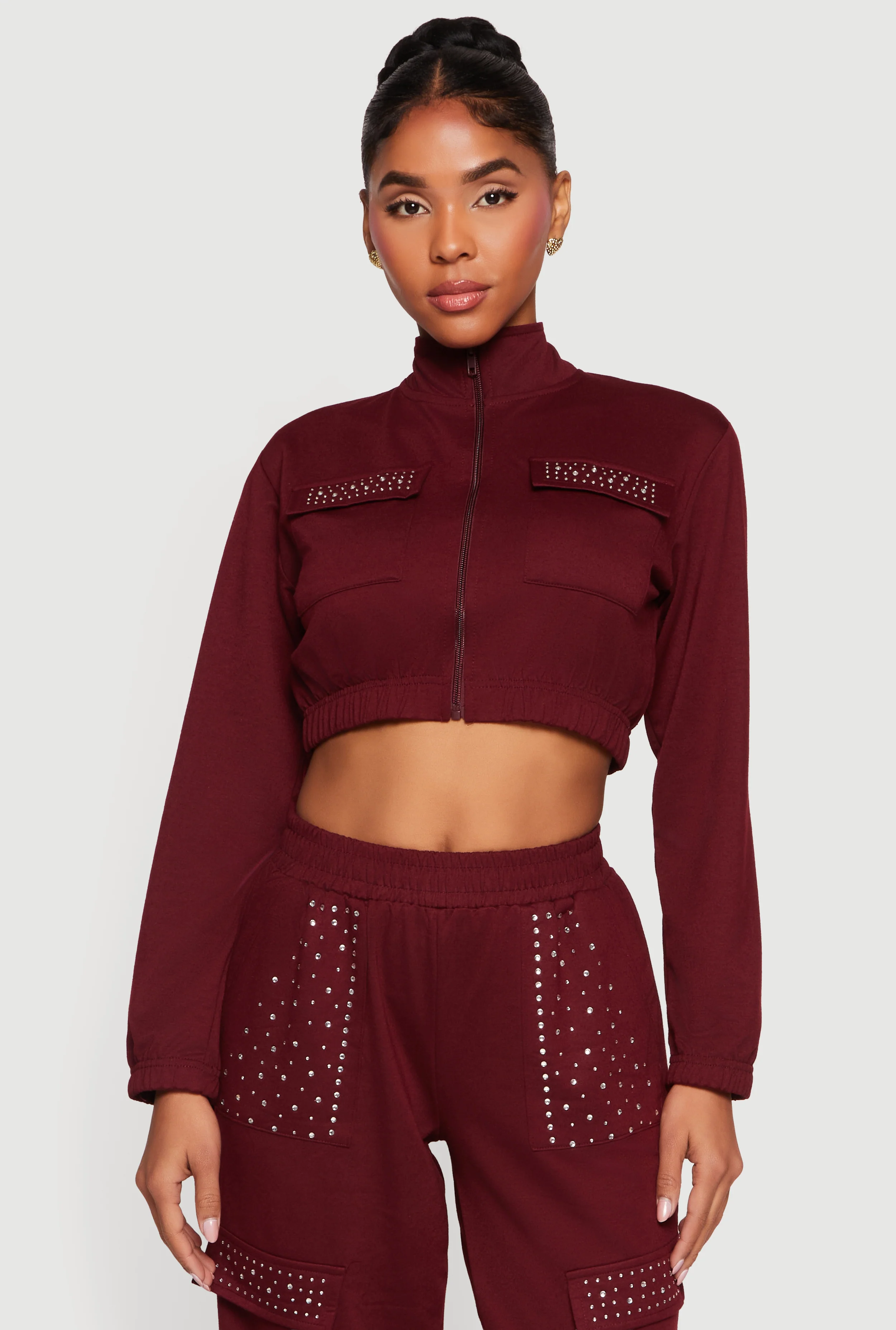 Rhinestone Detail Zip Front Mock Neck Cropped Track Jacket