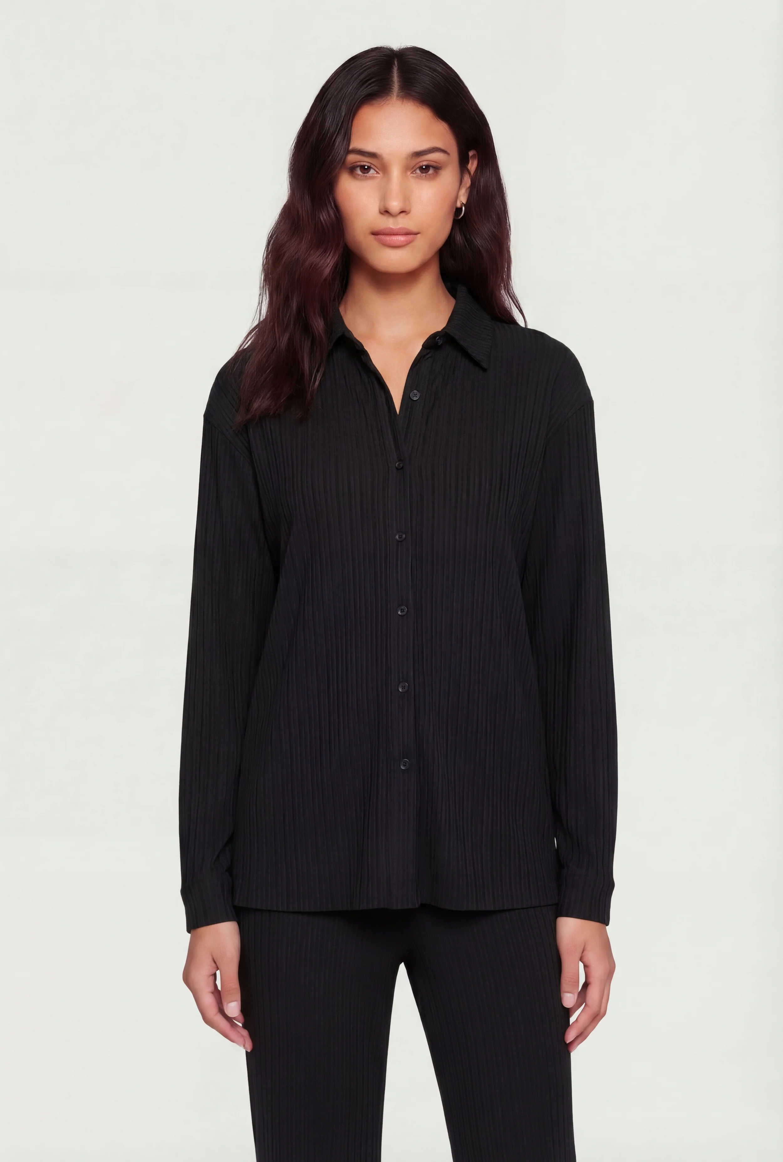 Textured Ribbed Knit Button Front Long Sleeve Shirt