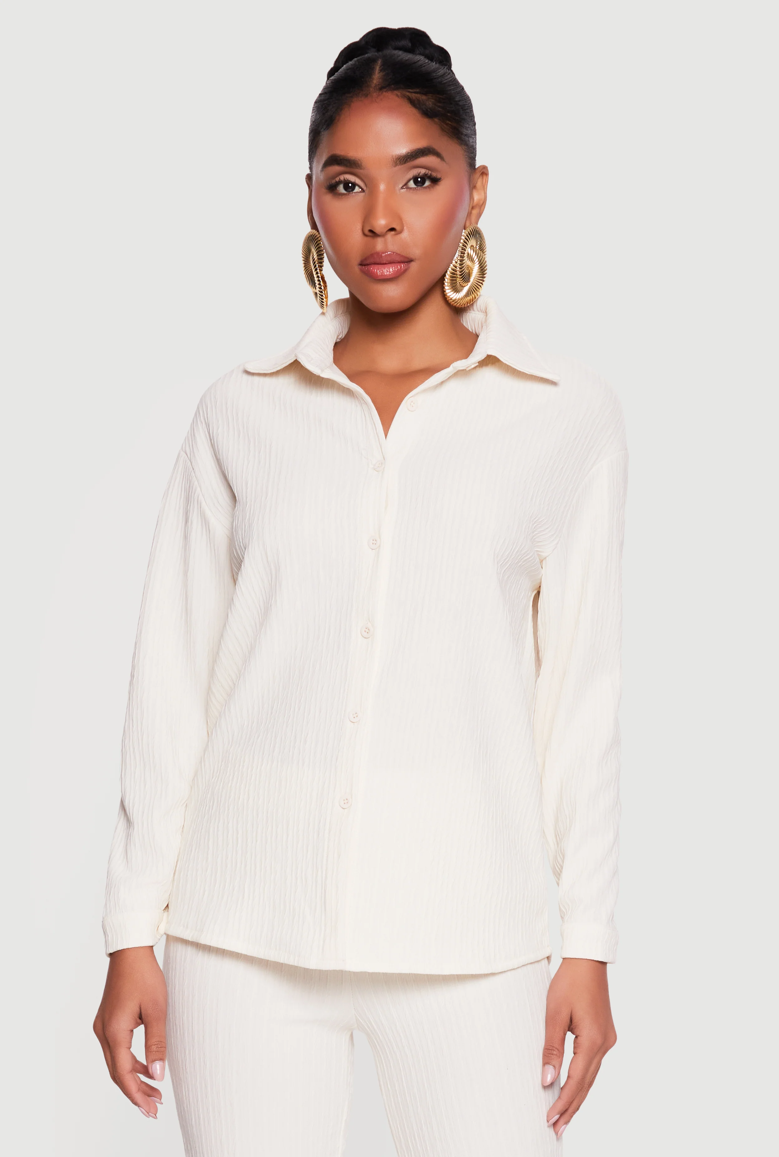 Textured Ribbed Knit Button Front Long Sleeve Shirt