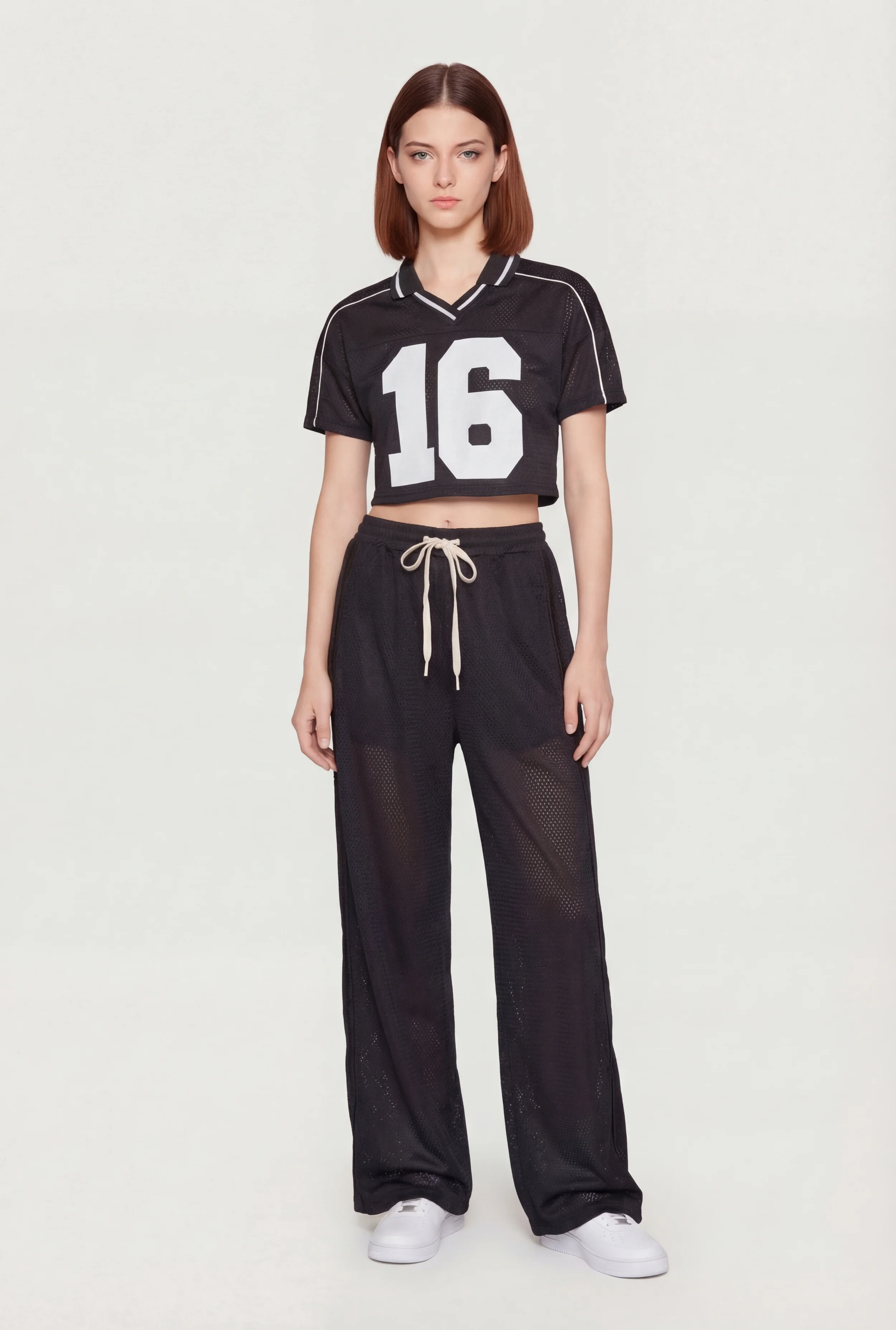 Jersey Mesh Drawstring Waist Wide Leg Pants