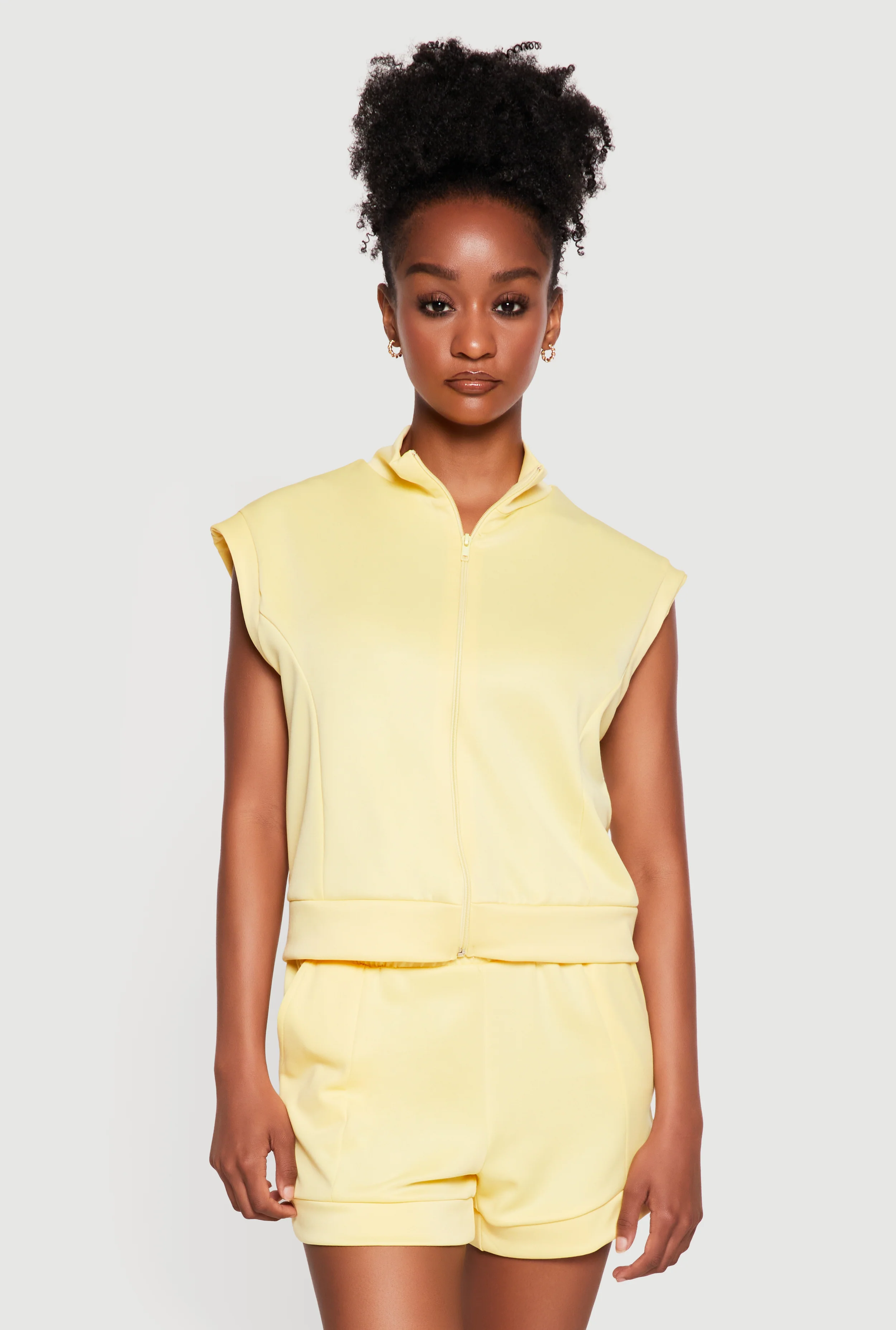 Mock Neck Cap Sleeve Zip Front Top
