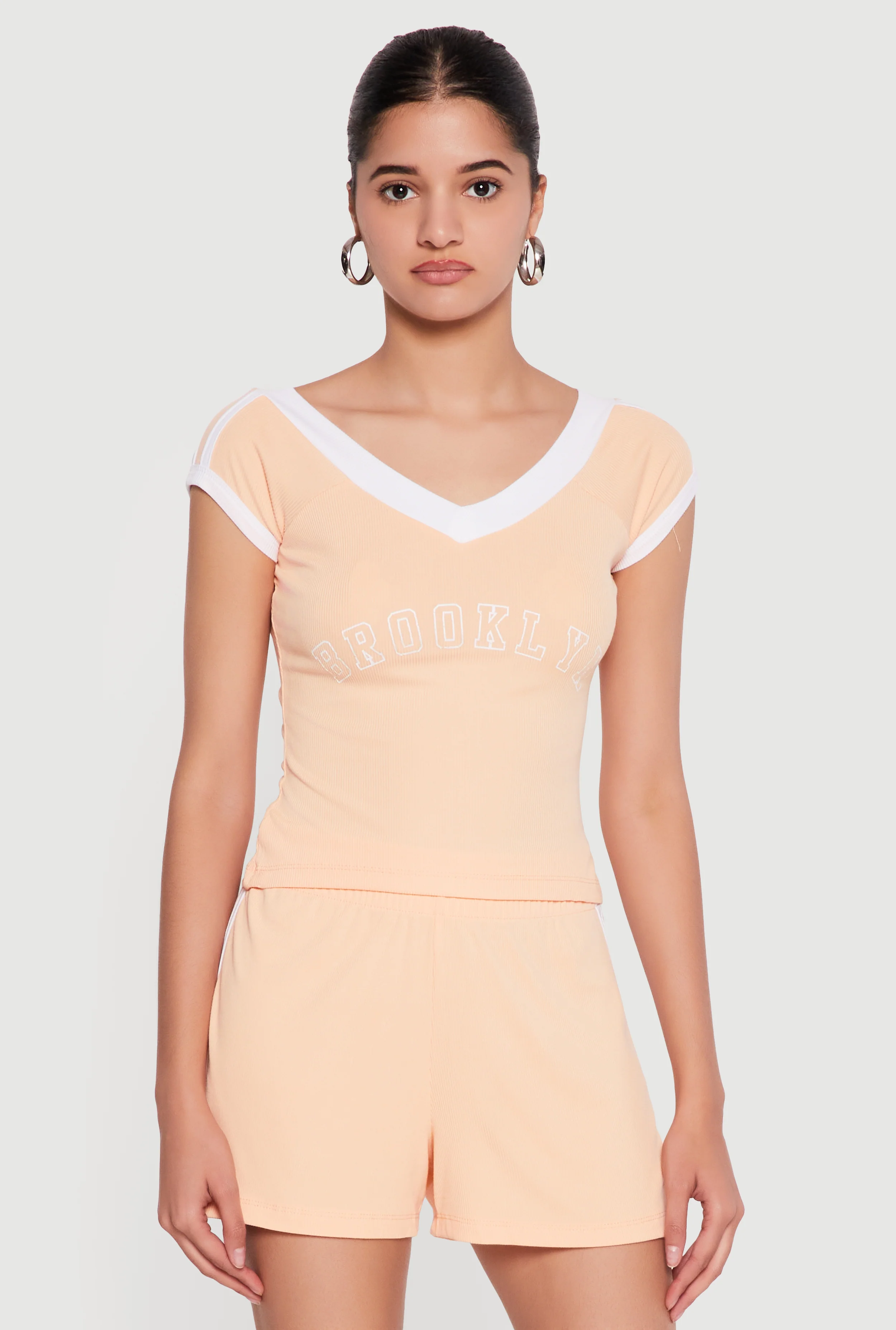 Contrast Trim Brooklyn Graphic V Neck Tee