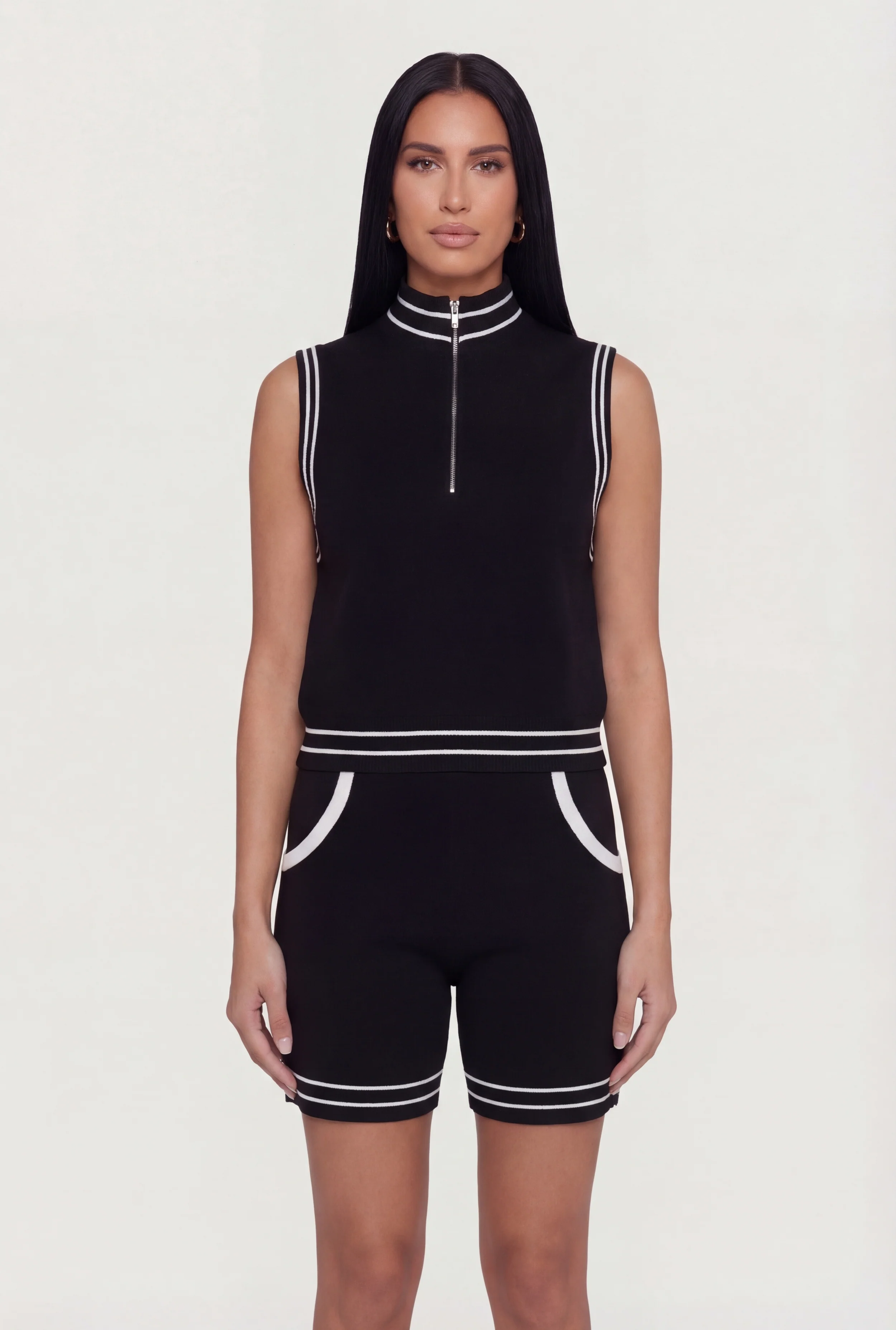 Varsity Stripe Half Zip Front Sleeveless Mock Neck Top