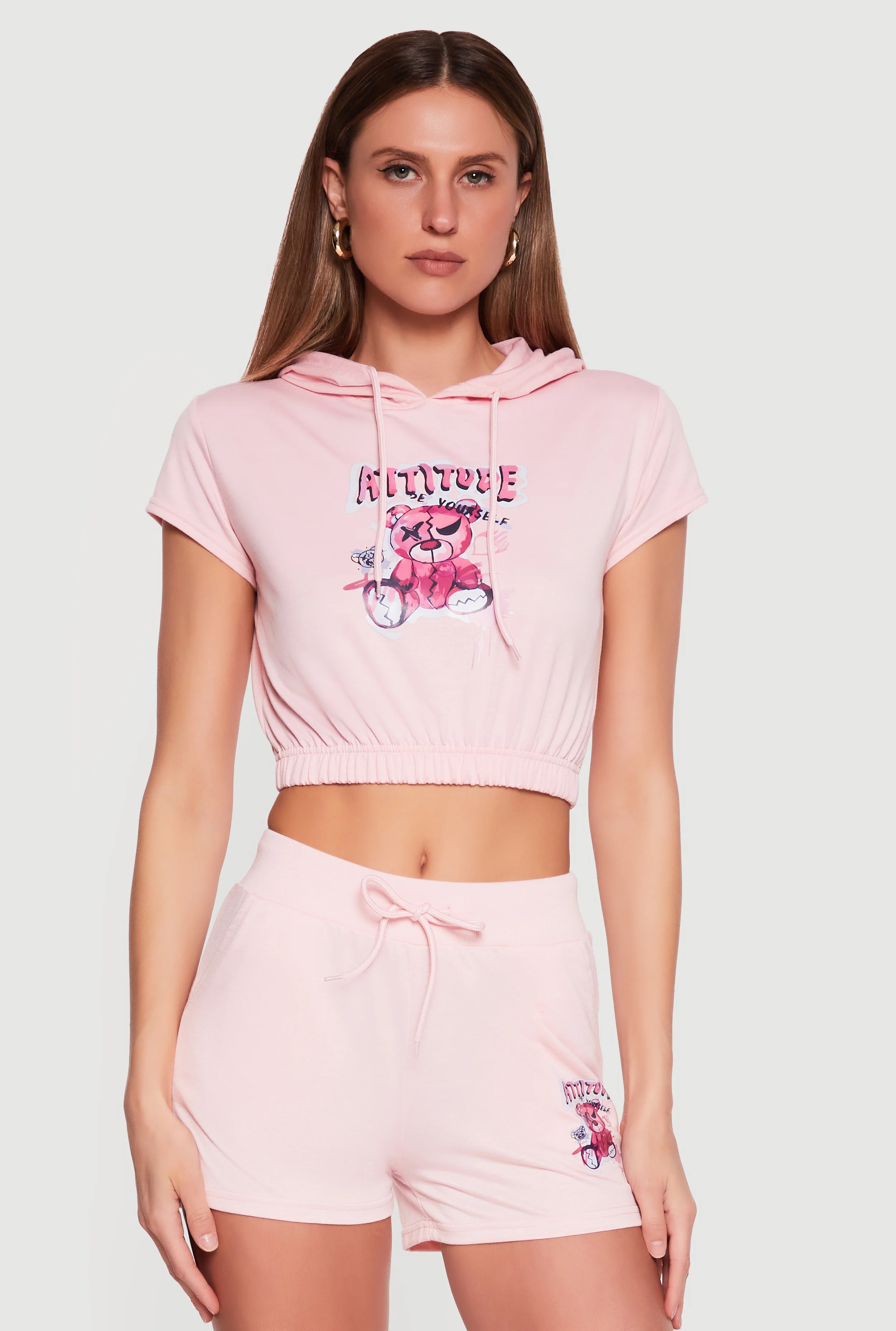 French Terry Bear Graphic Cropped Hoodie