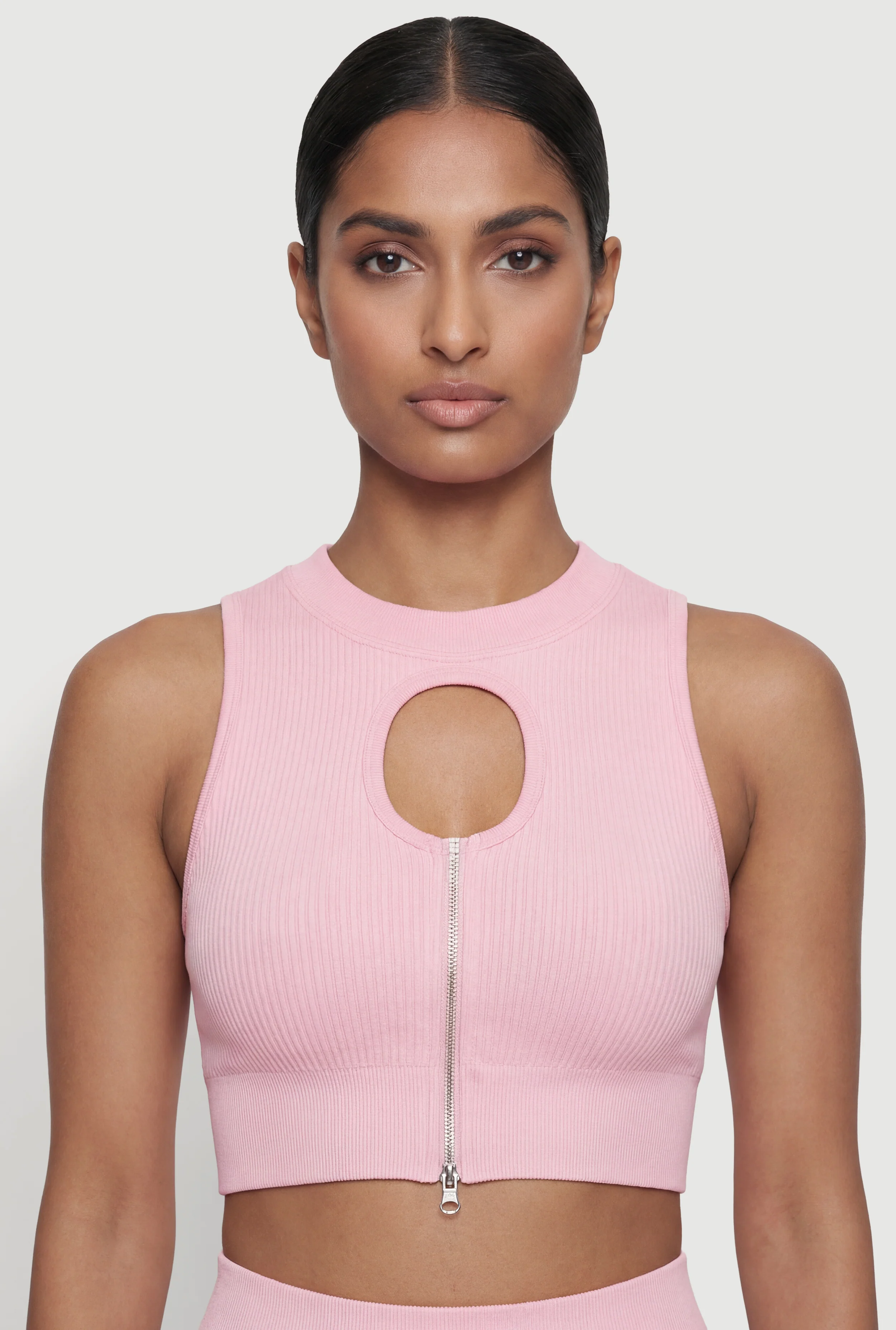 Compression Rib Zip Front Cutout Detail Crop Top