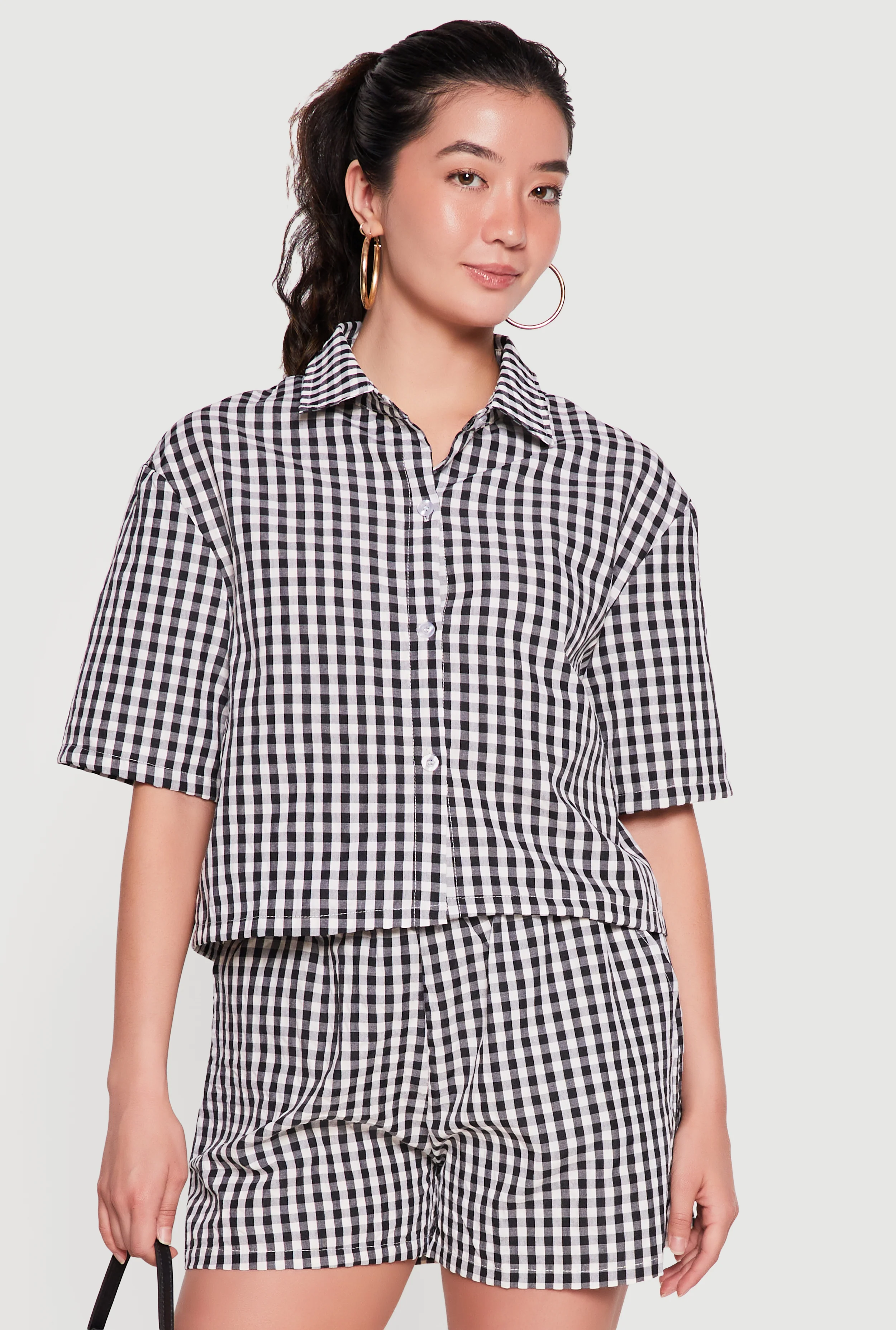Gingham Button Front Short Sleeve Shirt