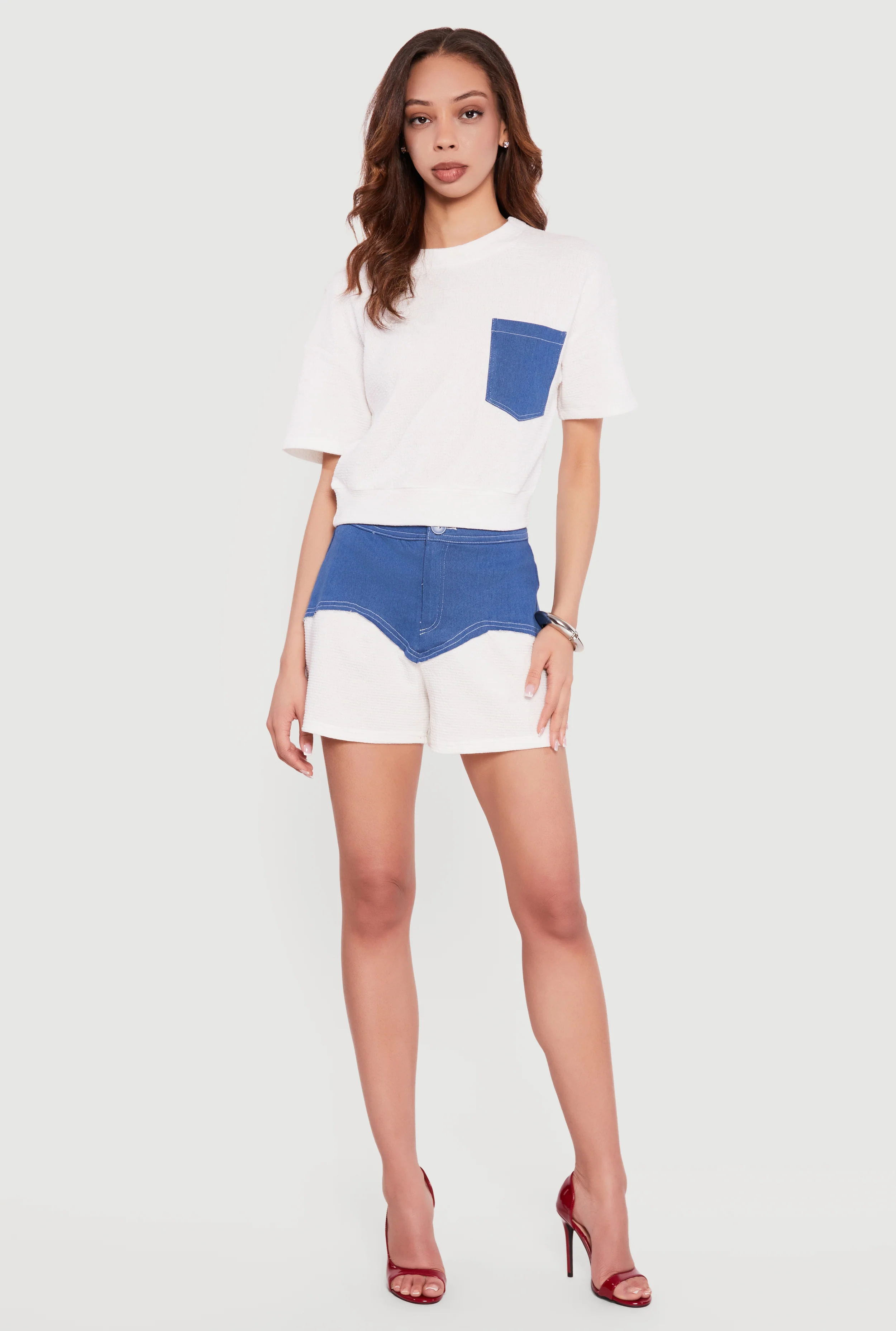 Chambray Detail Textured Knit Shorts