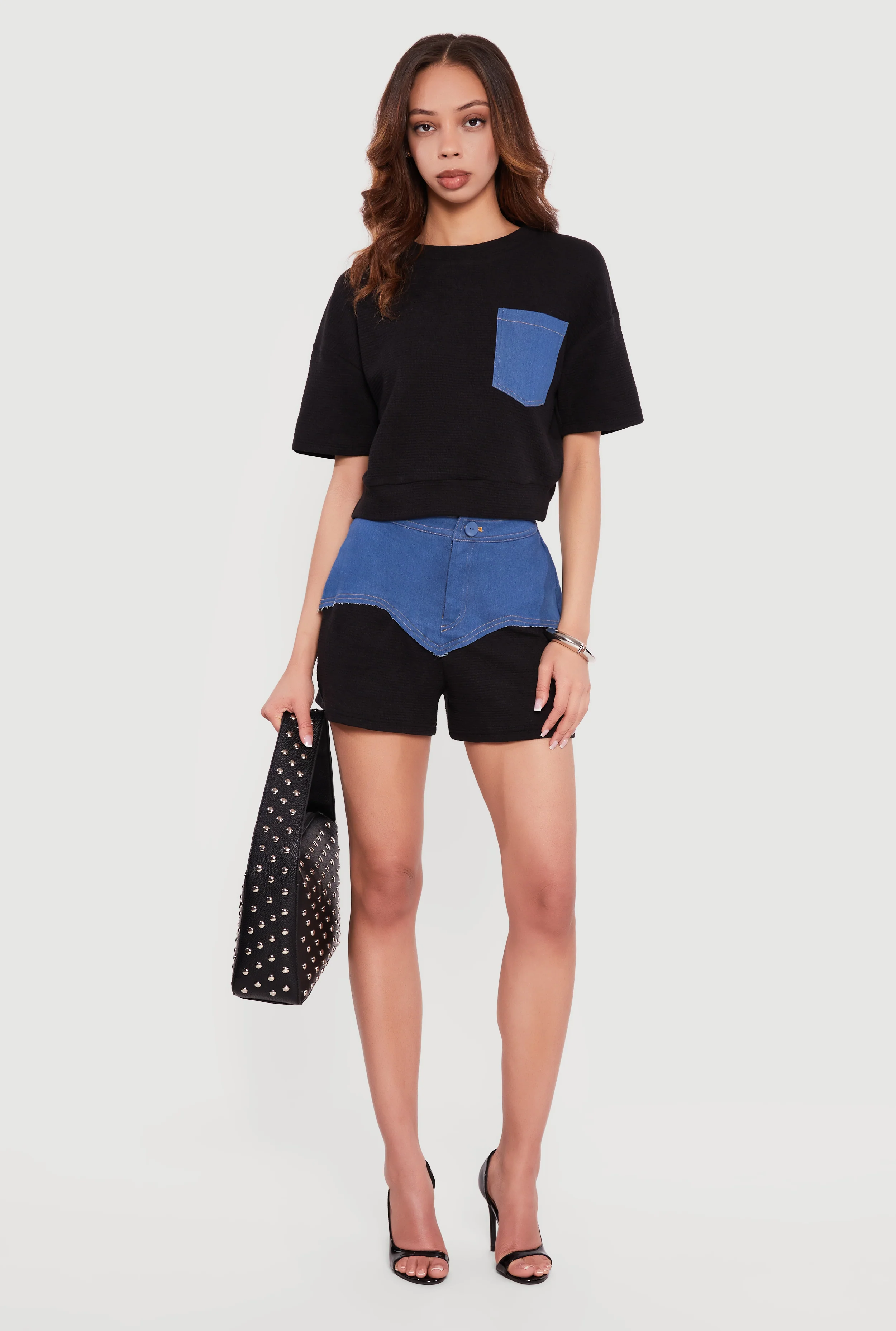 Chambray Detail Textured Knit Shorts