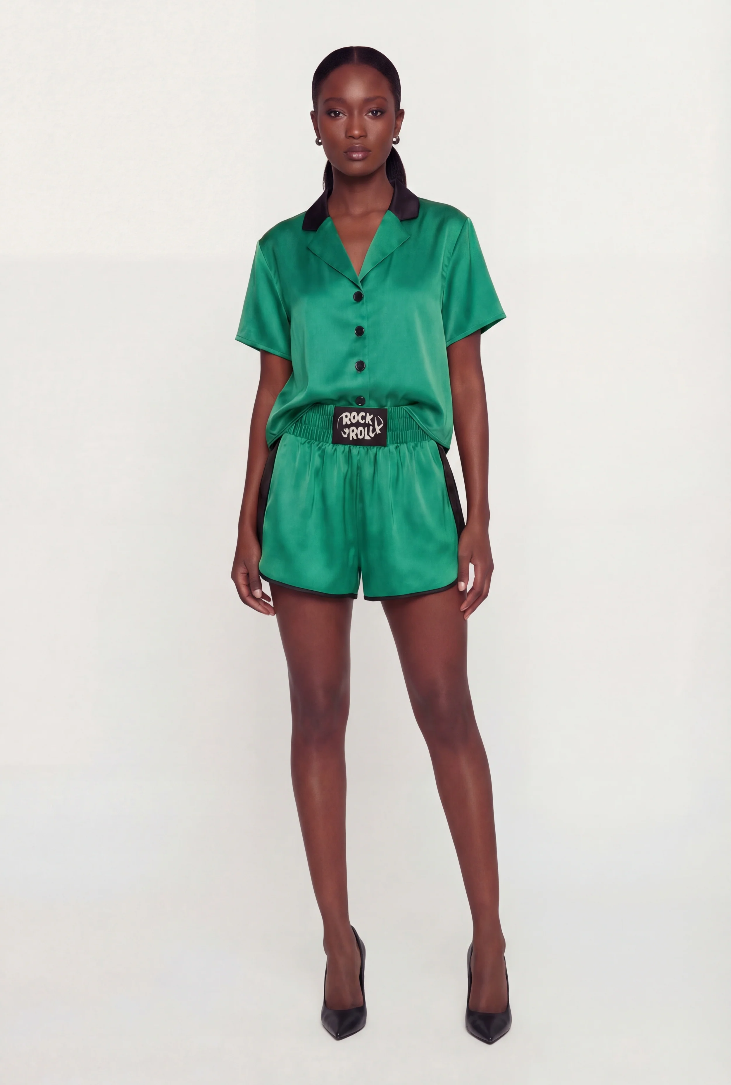 Satin Rock and Roll Patch Graphic Side Stripe Shorts