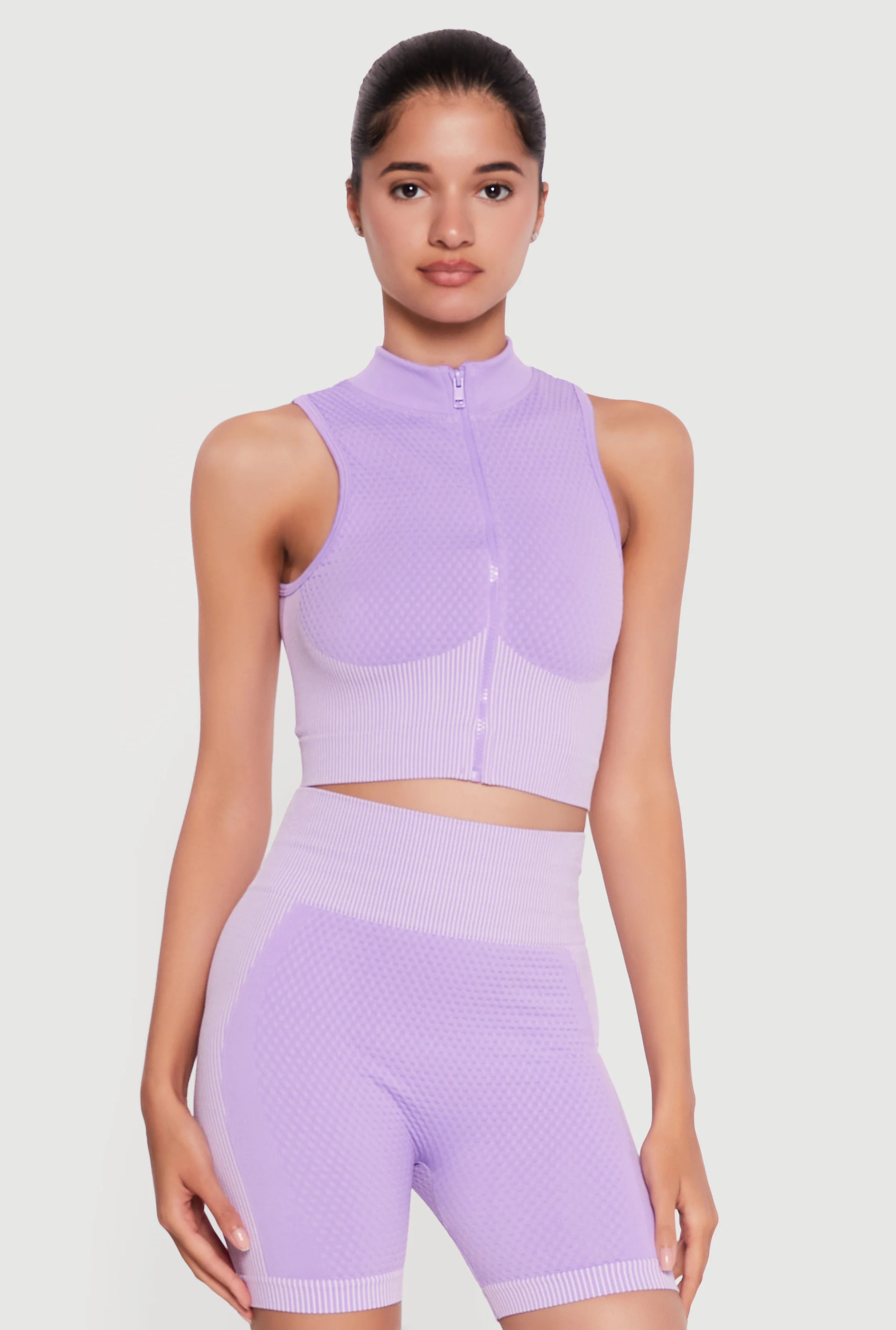Seamless Zip Front Striped Cropped Active Top