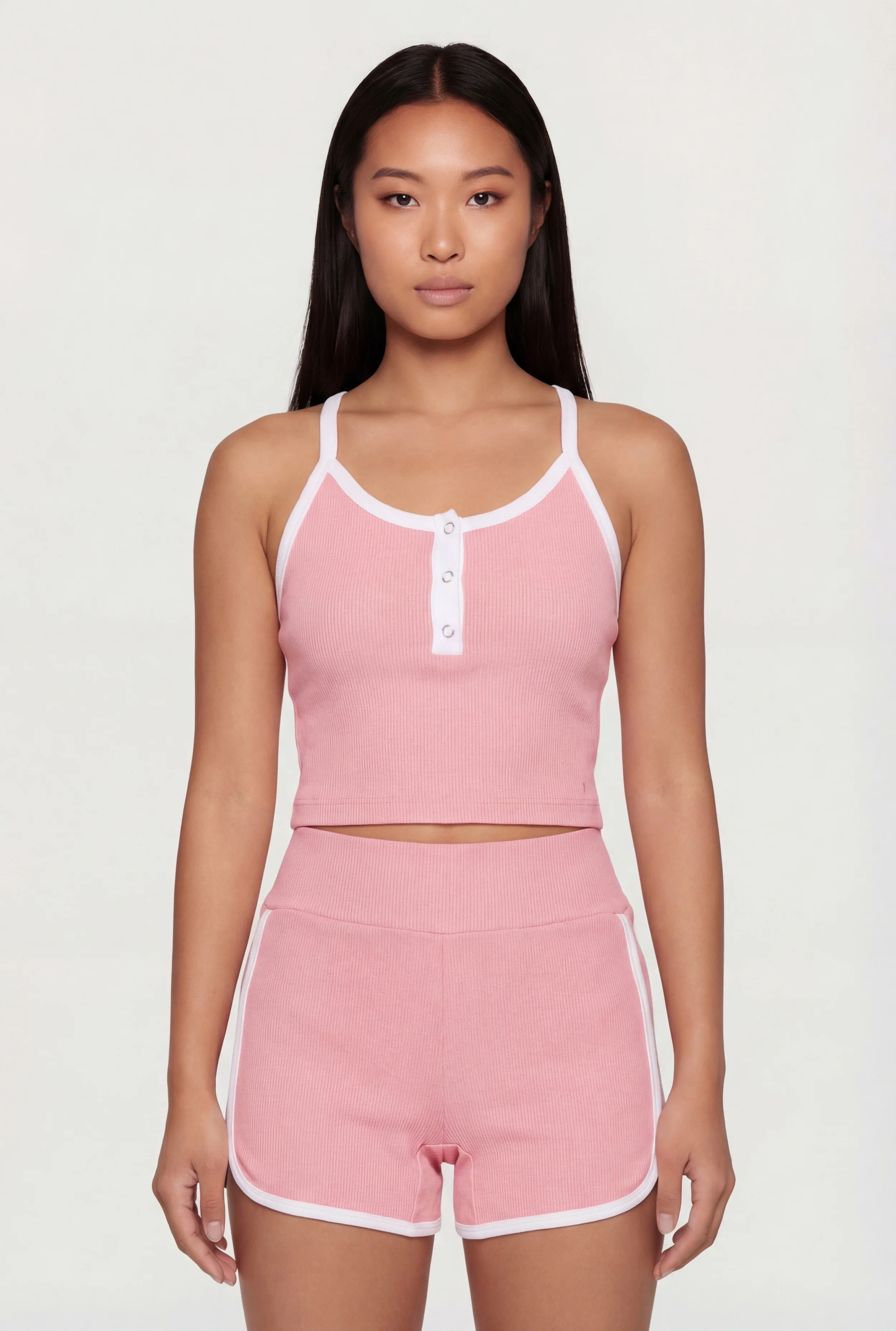 Contrast Trim Button Front Crop Top