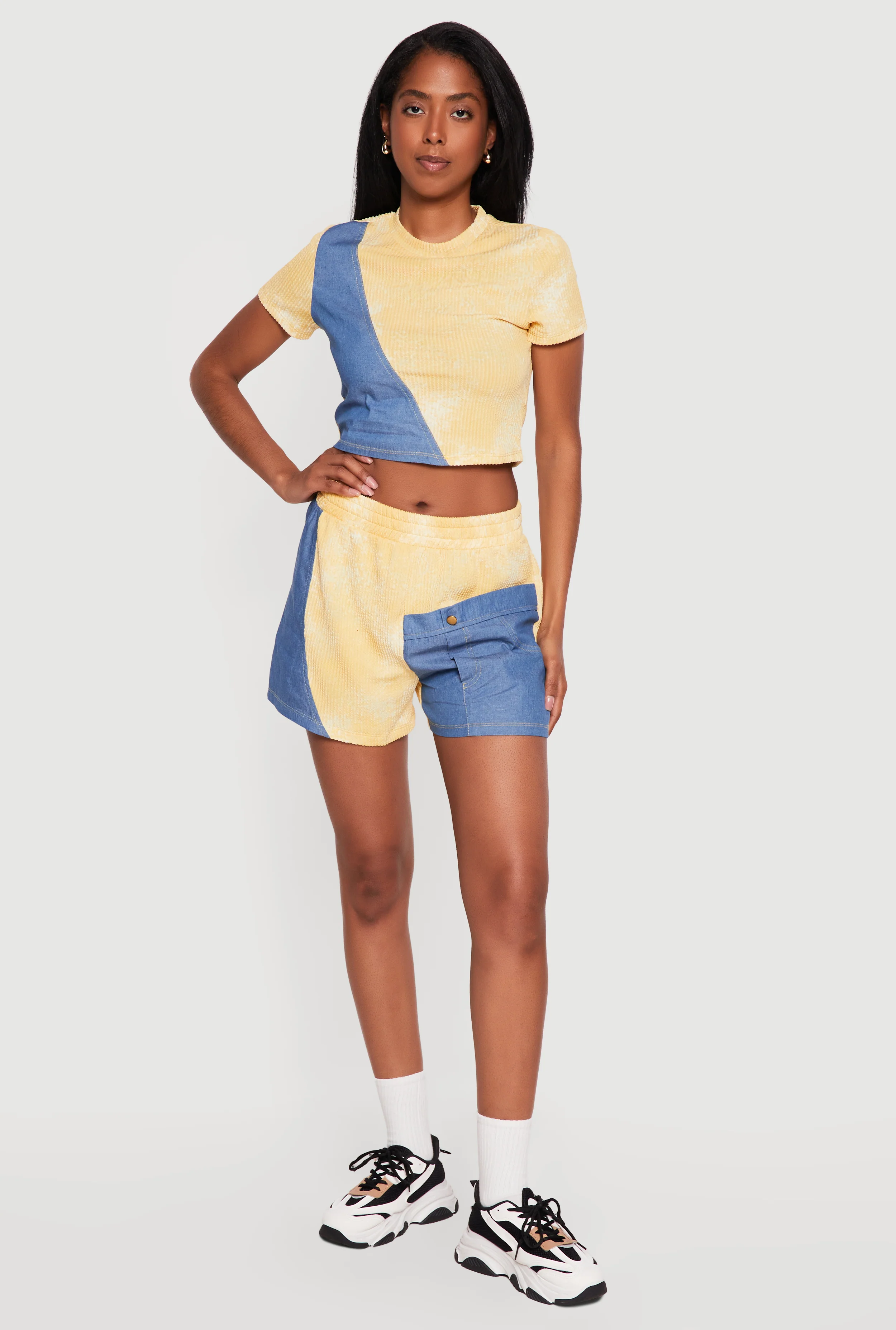 Ribbed Knit Acid Wash Shorts with Chambray Detail