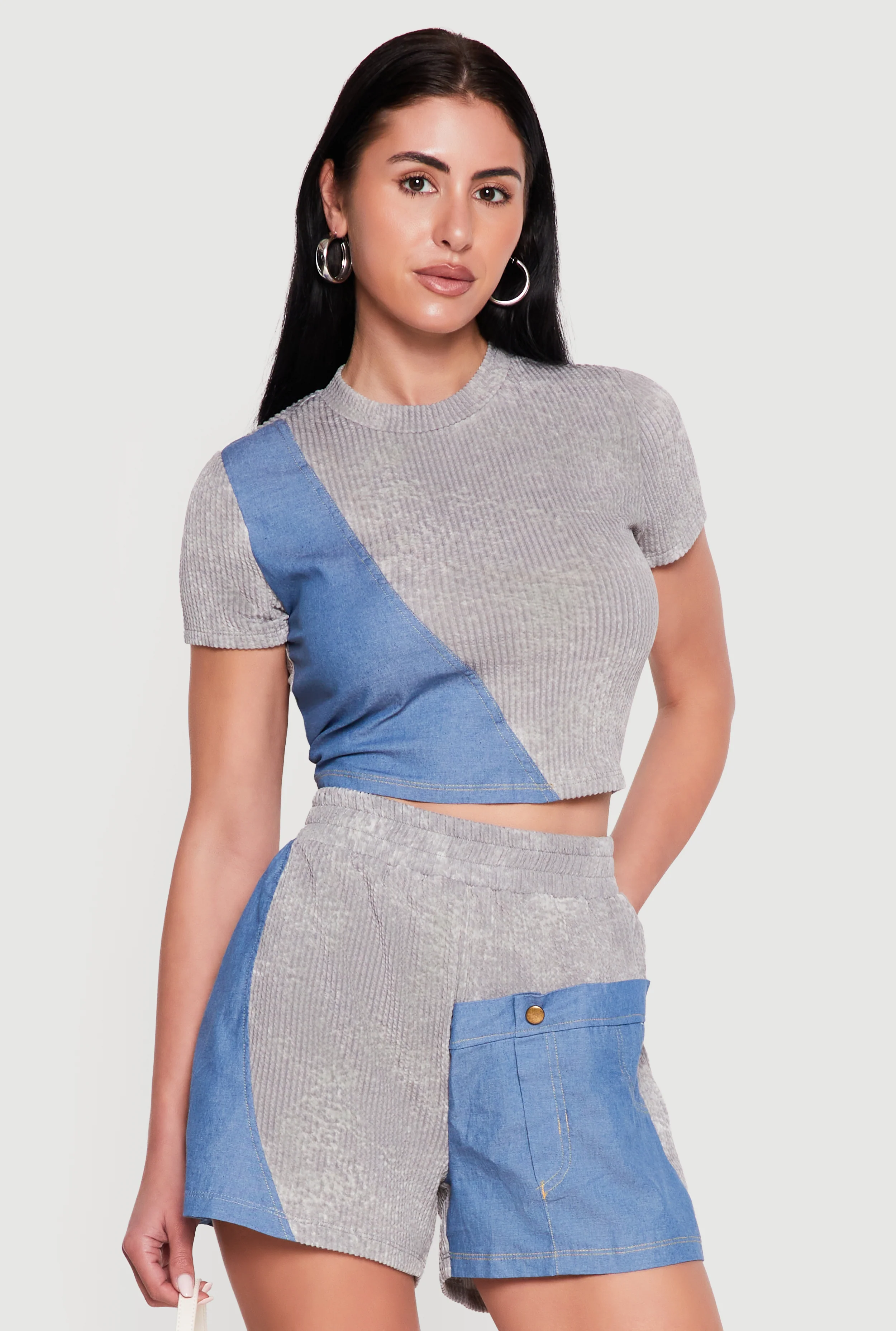Ribbed Knit Acid Wash Top with Chambray Detail
