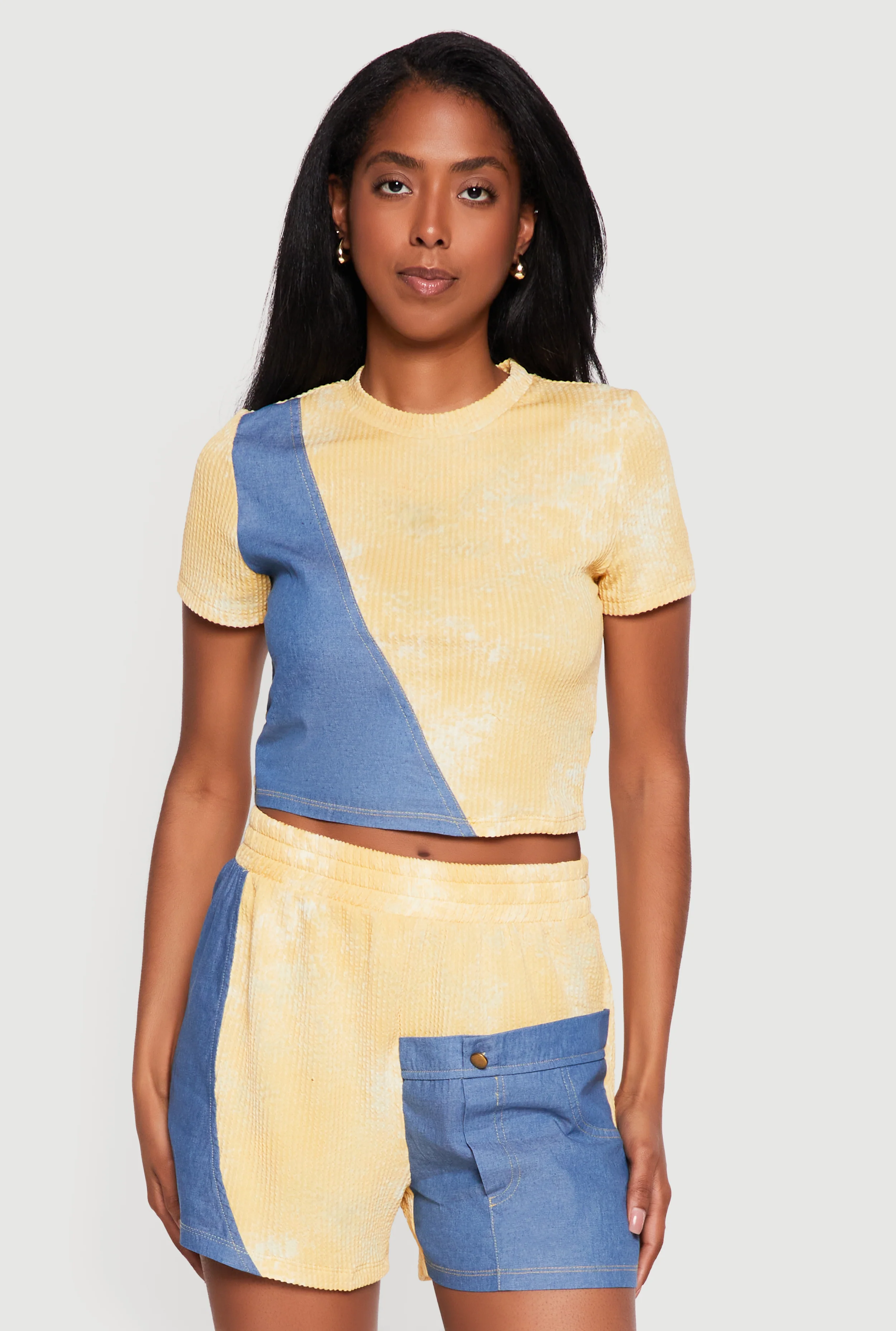 Ribbed Knit Acid Wash Top with Chambray Detail