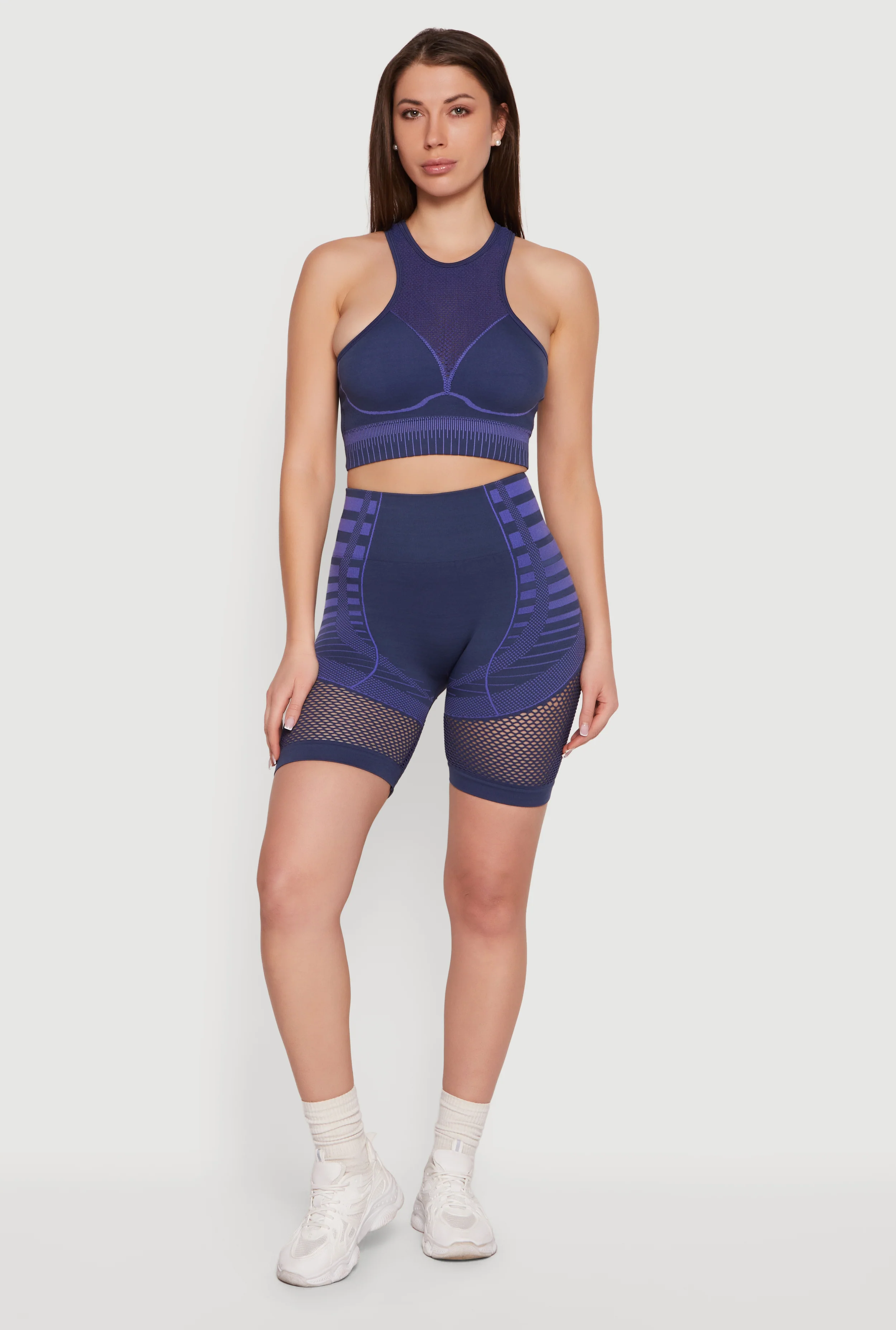 Striped Fishnet Detail Seamless Biker Shorts