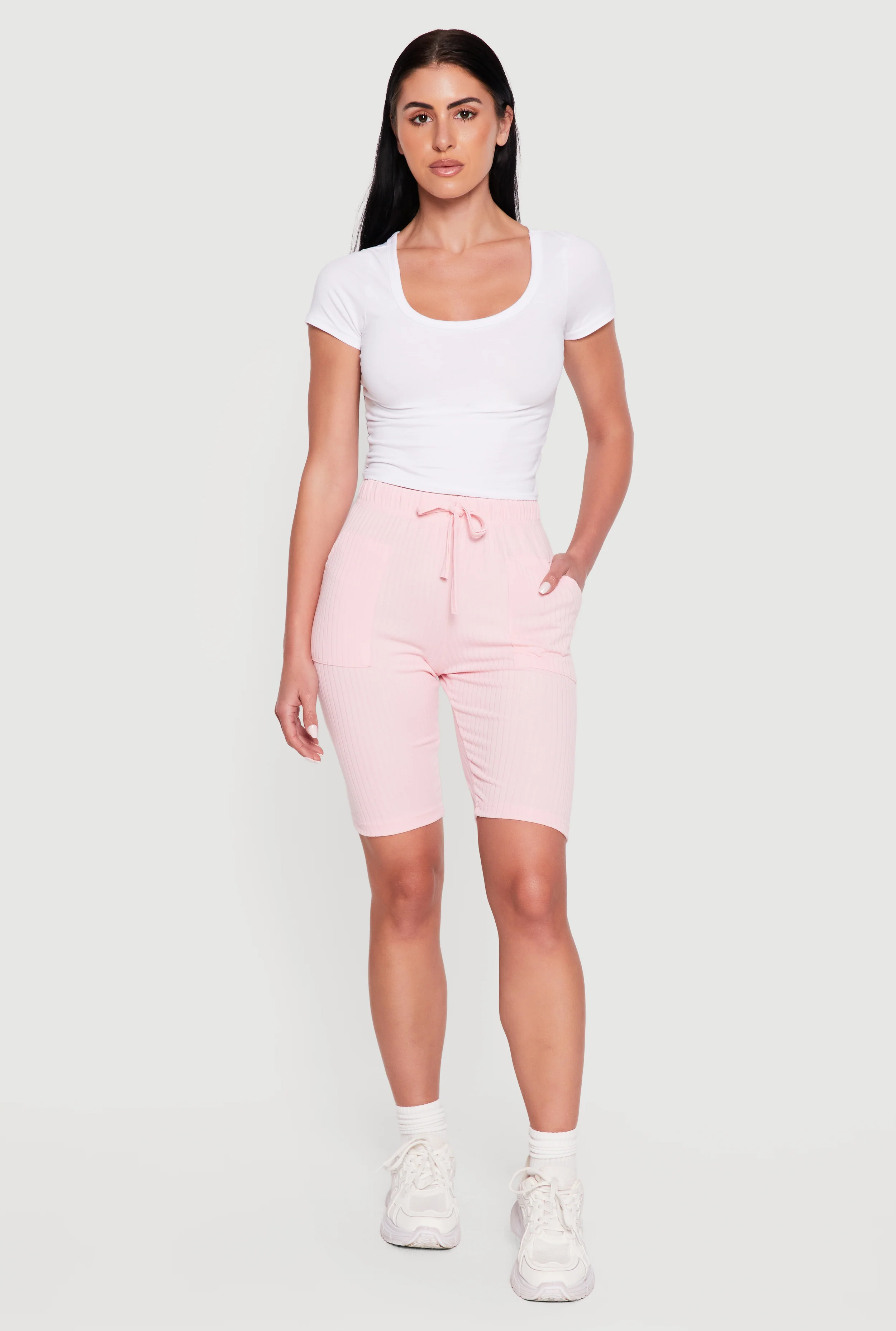 Faux Drawstring Waist Ribbed Knit Shorts