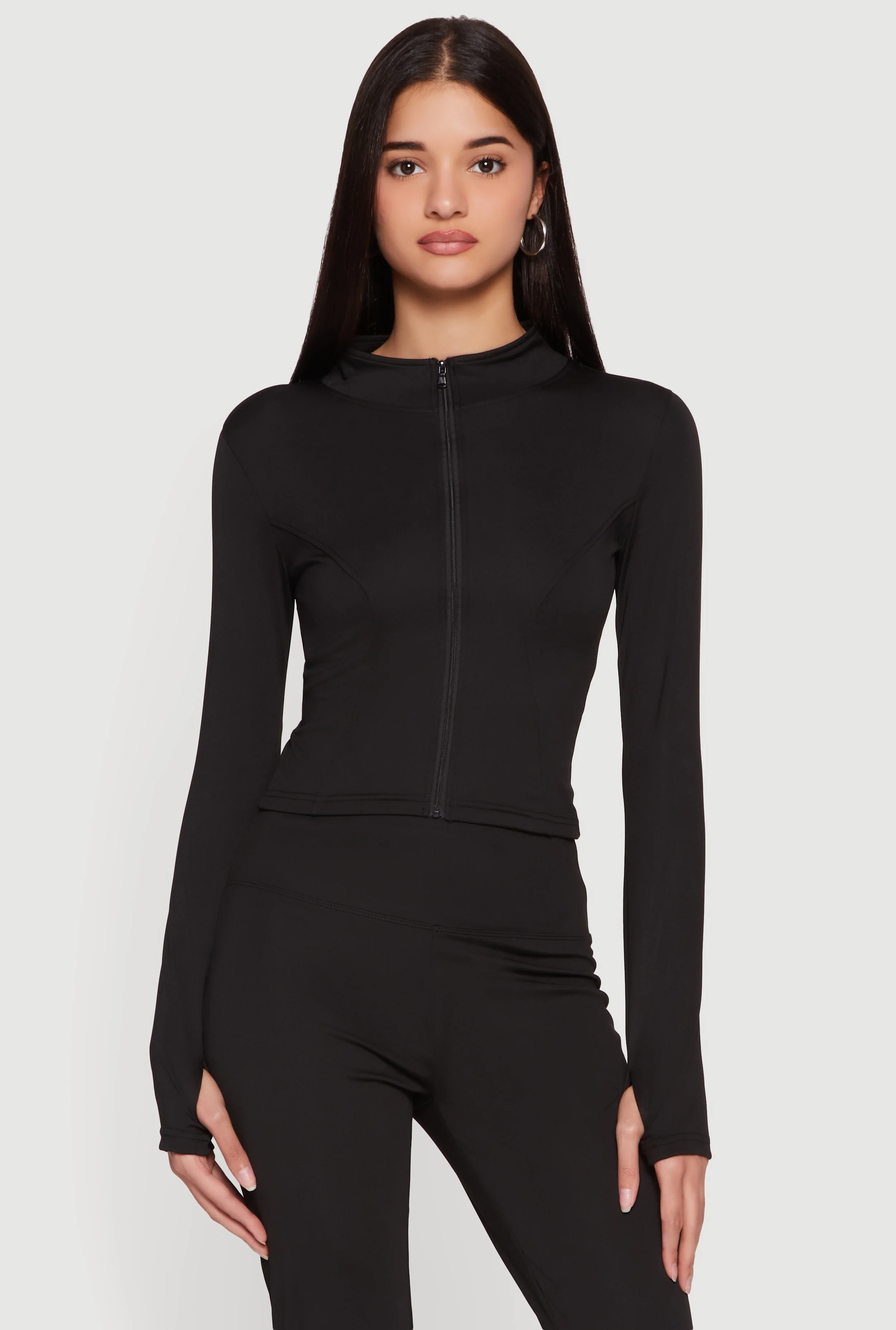 Cropped Mock Neck Zip Front Jacket with Thumb Holes