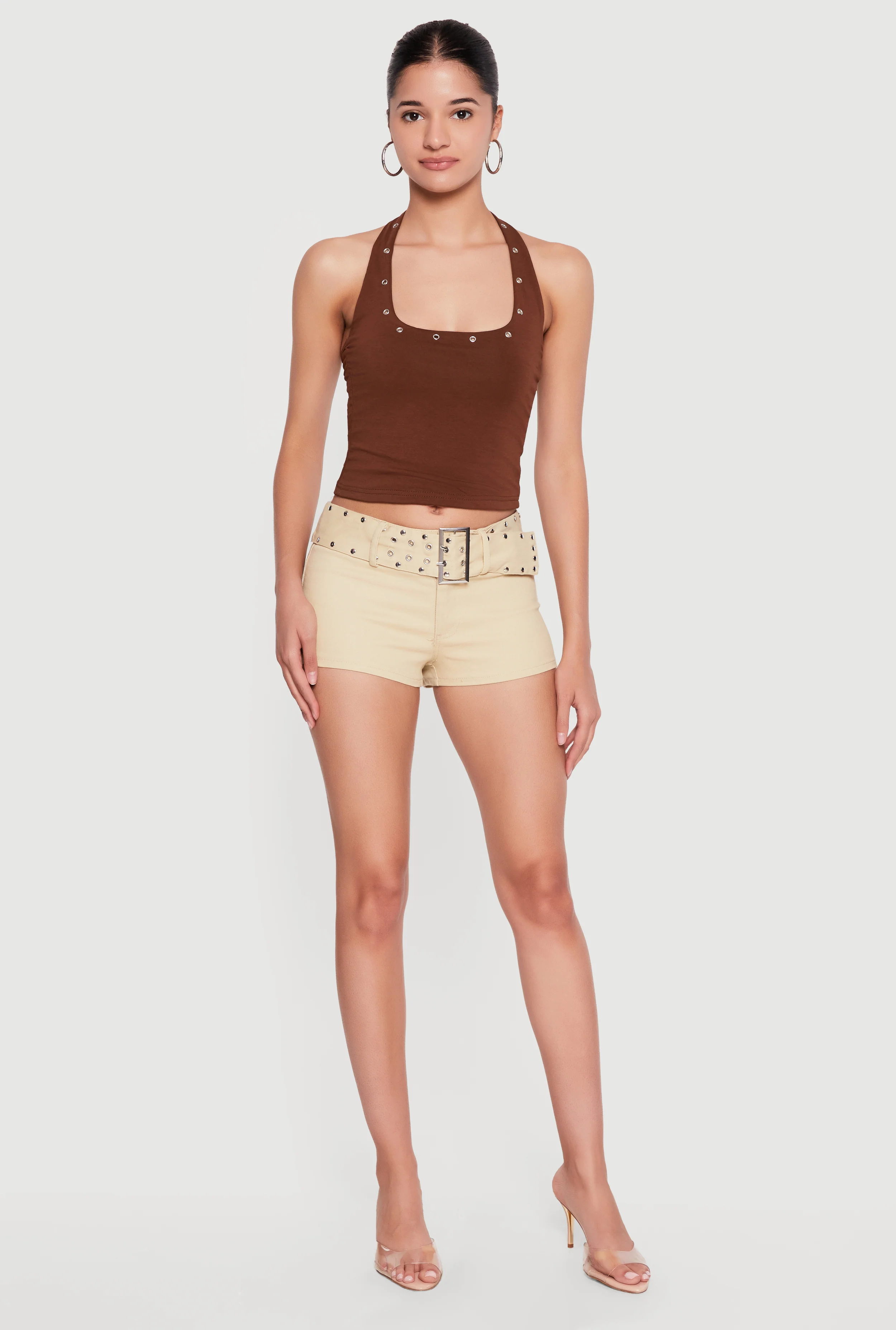 Grommet Belted Front Denim Shorts