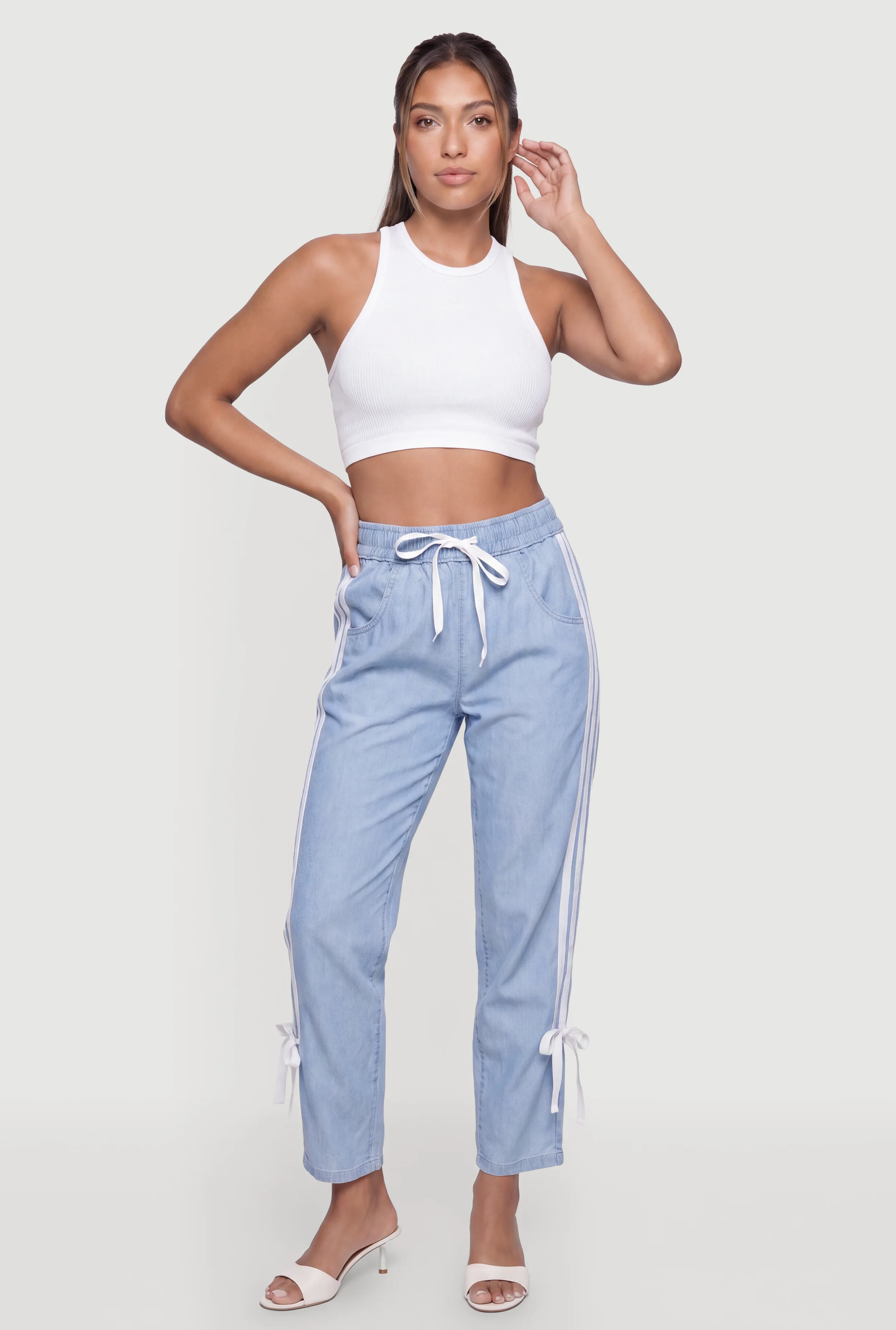 Contrast Trim Drawstring High Waisted Pants with Bows